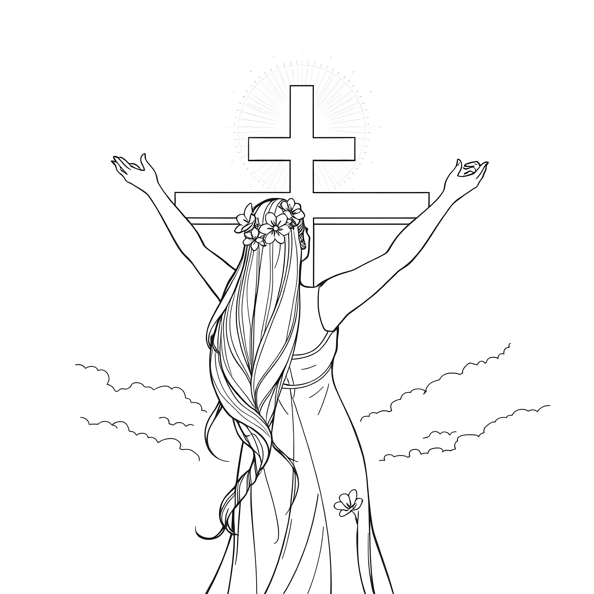 Woman with long hair worshiping at the cross Coloring Page (free black-and-white line drawing printable PDF for all, from beginners to advanced learners, including children, teens, adults, and seniors)