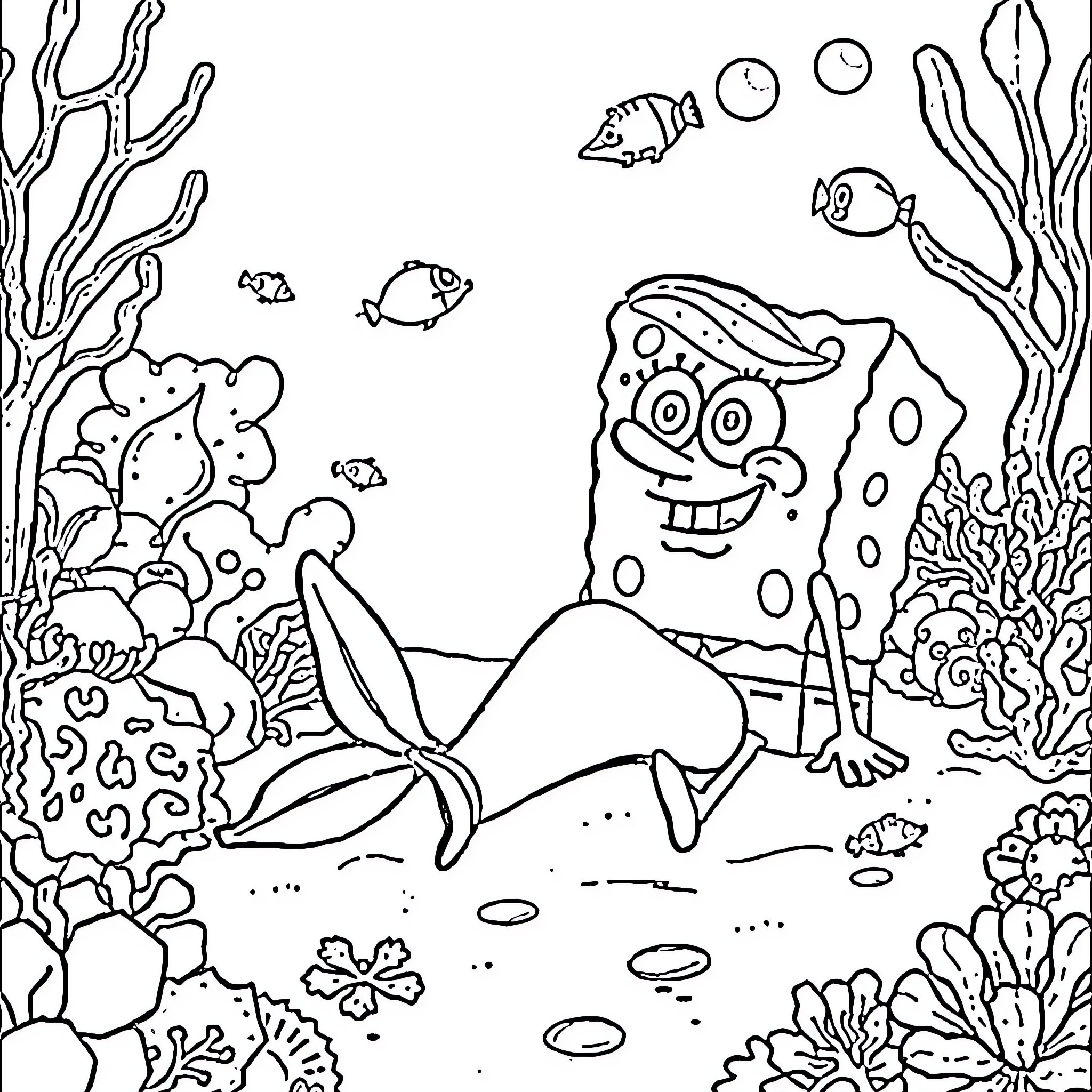 Spongebob adventures in the underwater coral reef Coloring Page (free black-and-white line drawing printable PDF for all, from beginners to advanced learners, including children, teens, adults, and seniors)