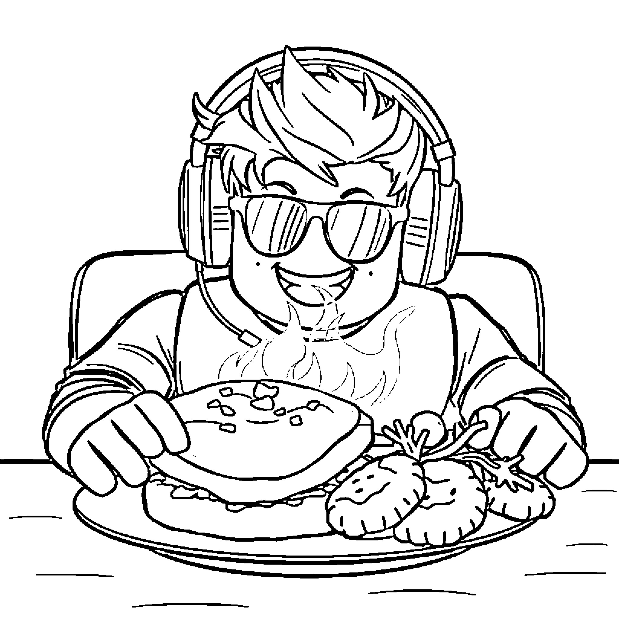 Roblox Player Enjoying a Tasty Meal Coloring Page (free black-and-white line drawing printable PDF for all, from beginners to advanced learners, including children, teens, adults, and seniors)