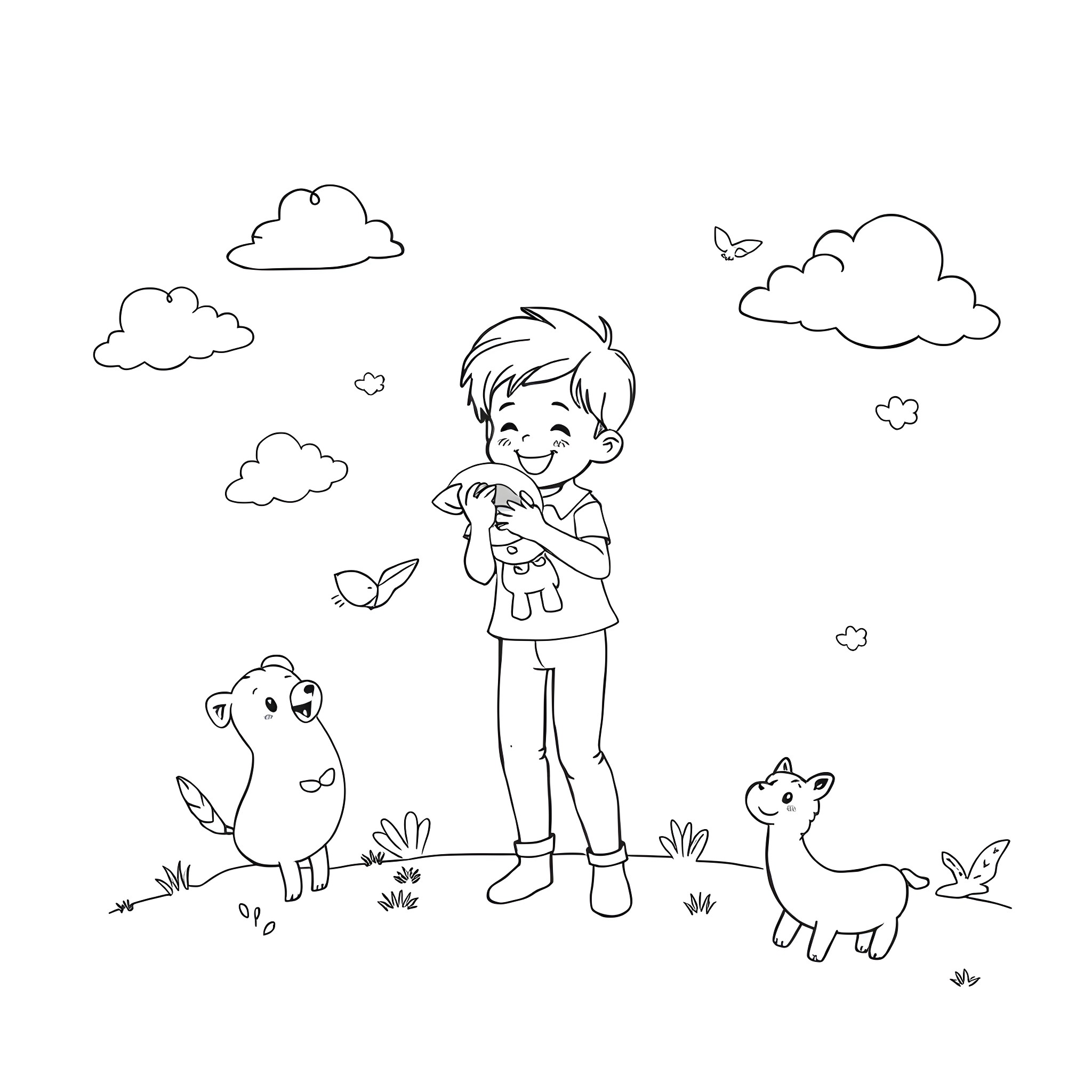 Lady playing with cute animals in the meadow Coloring Page (free black-and-white line drawing printable PDF for all, from beginners to advanced learners, including children, teens, adults, and seniors)