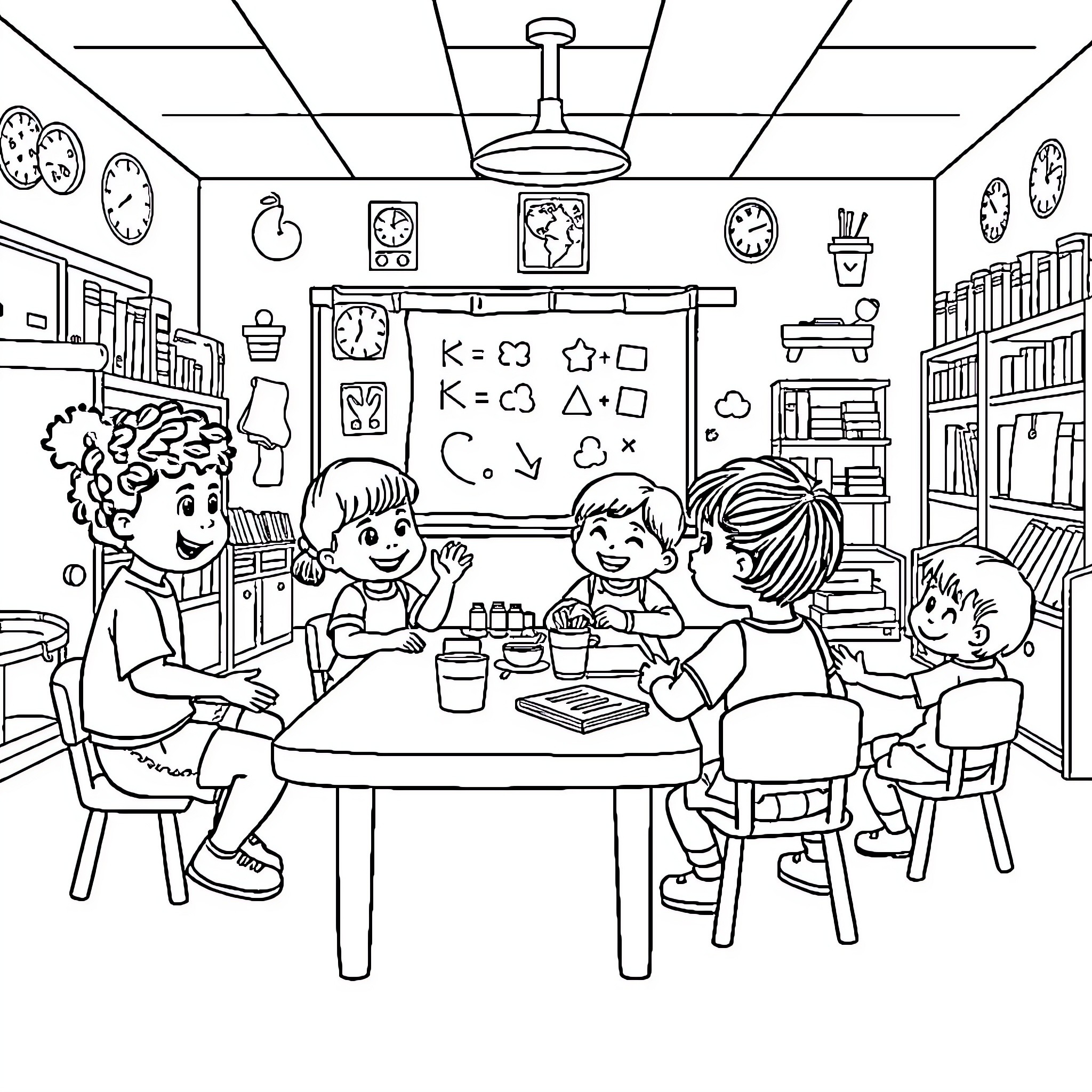 Kindergarten students learning and playing together Coloring Page (free black-and-white line drawing printable PDF for all, from beginners to advanced learners, including children, teens, adults, and seniors)