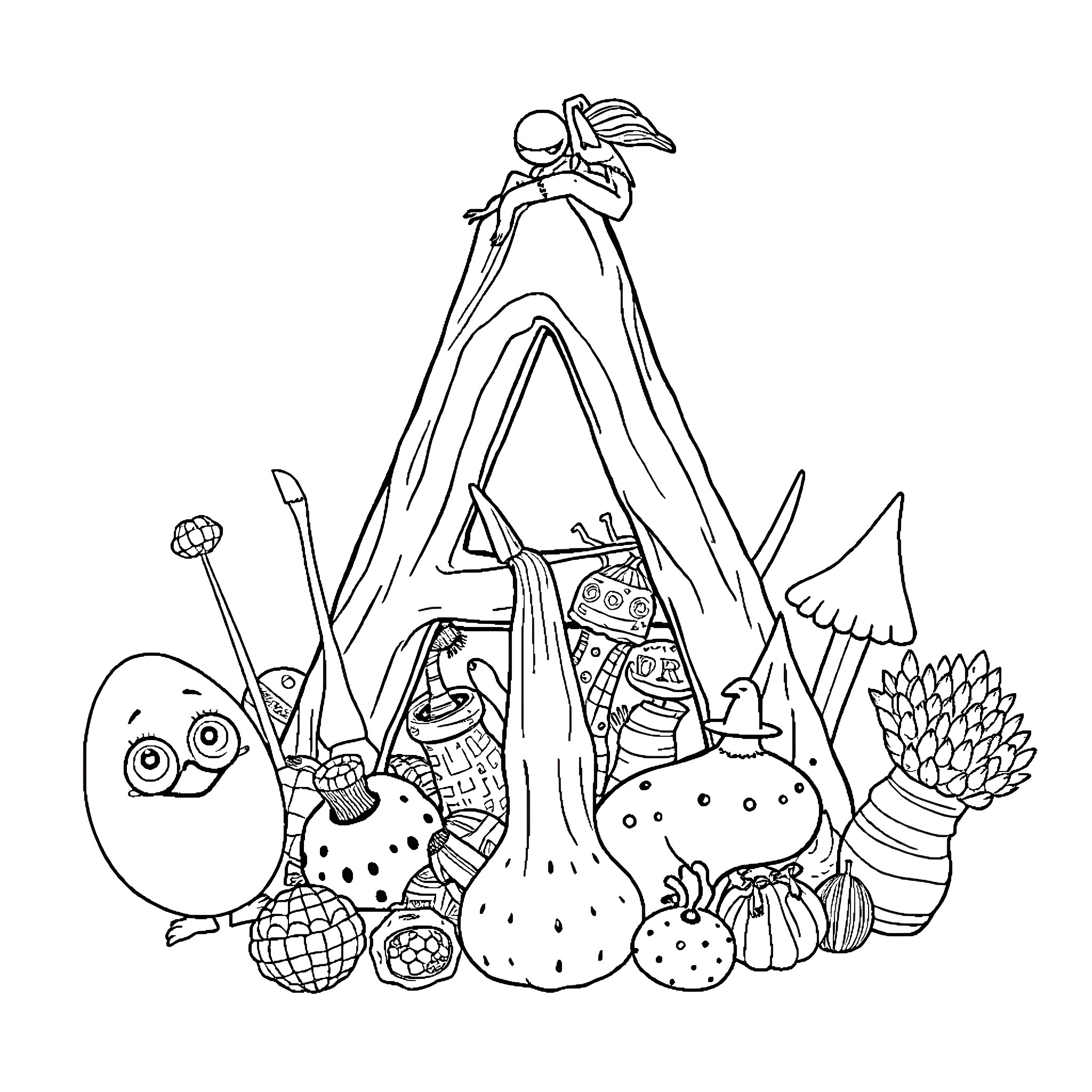 Weird Things Gathered in a Tent Coloring Page (free black-and-white line drawing printable PDF for all, from beginners to advanced learners, including children, teens, adults, and seniors)
