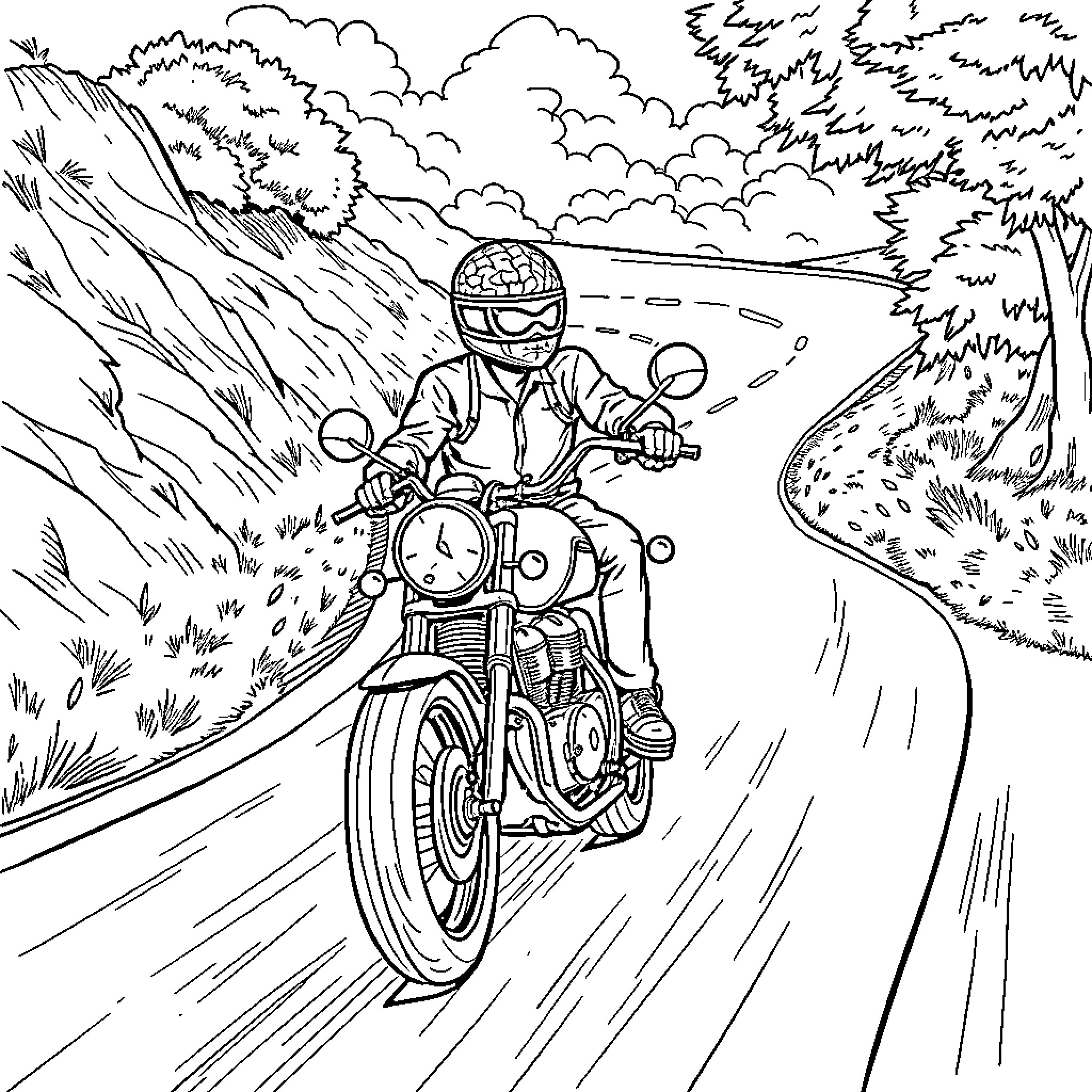Brain Rot: Motorcycle Rider Navigating Winding Road Coloring Page (free black-and-white line drawing printable PDF for all, from beginners to advanced learners, including children, teens, adults, and seniors)