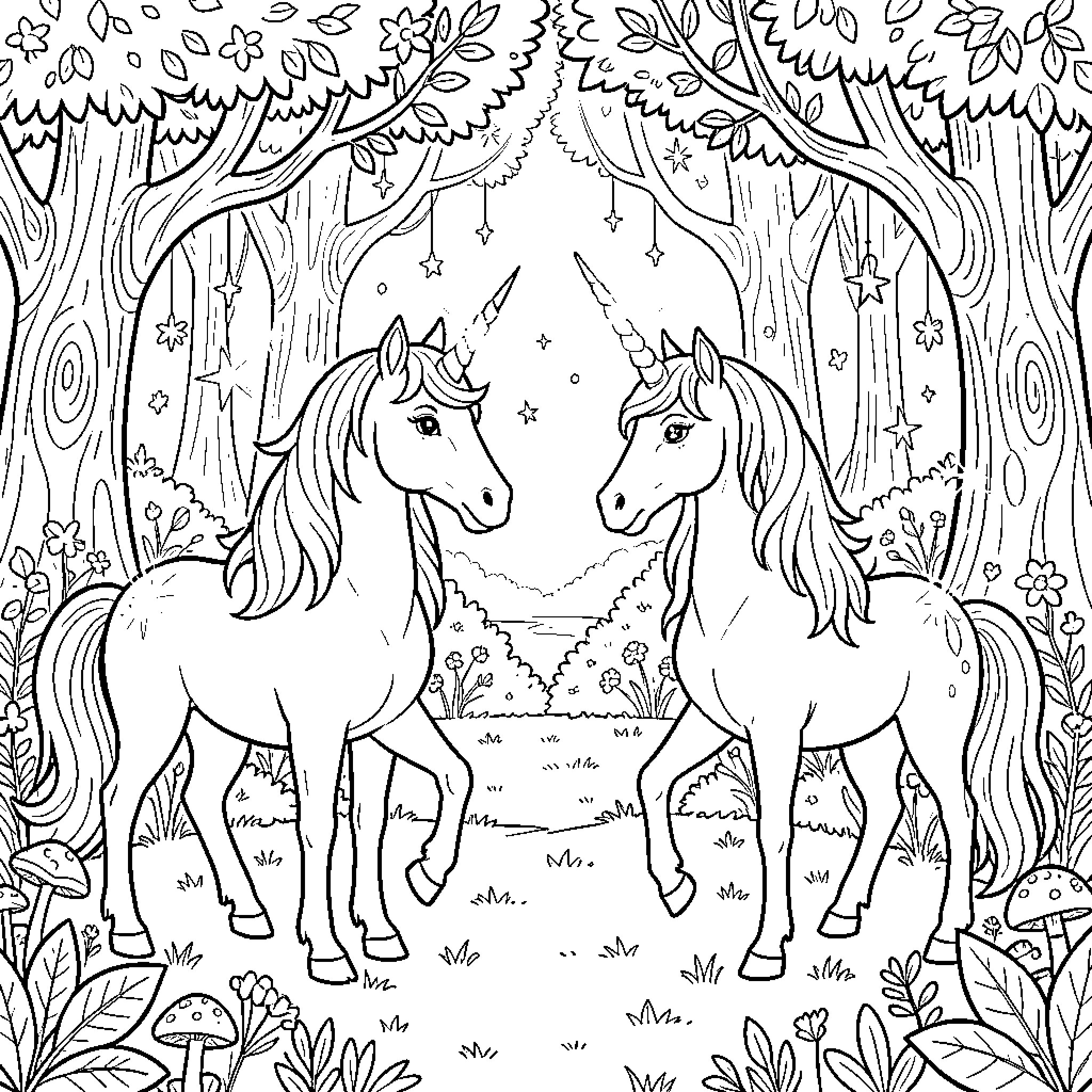 Unicorn pair surrounded by enchanted forest Coloring Page (free black-and-white line drawing printable PDF for all, from beginners to advanced learners, including children, teens, adults, and seniors)