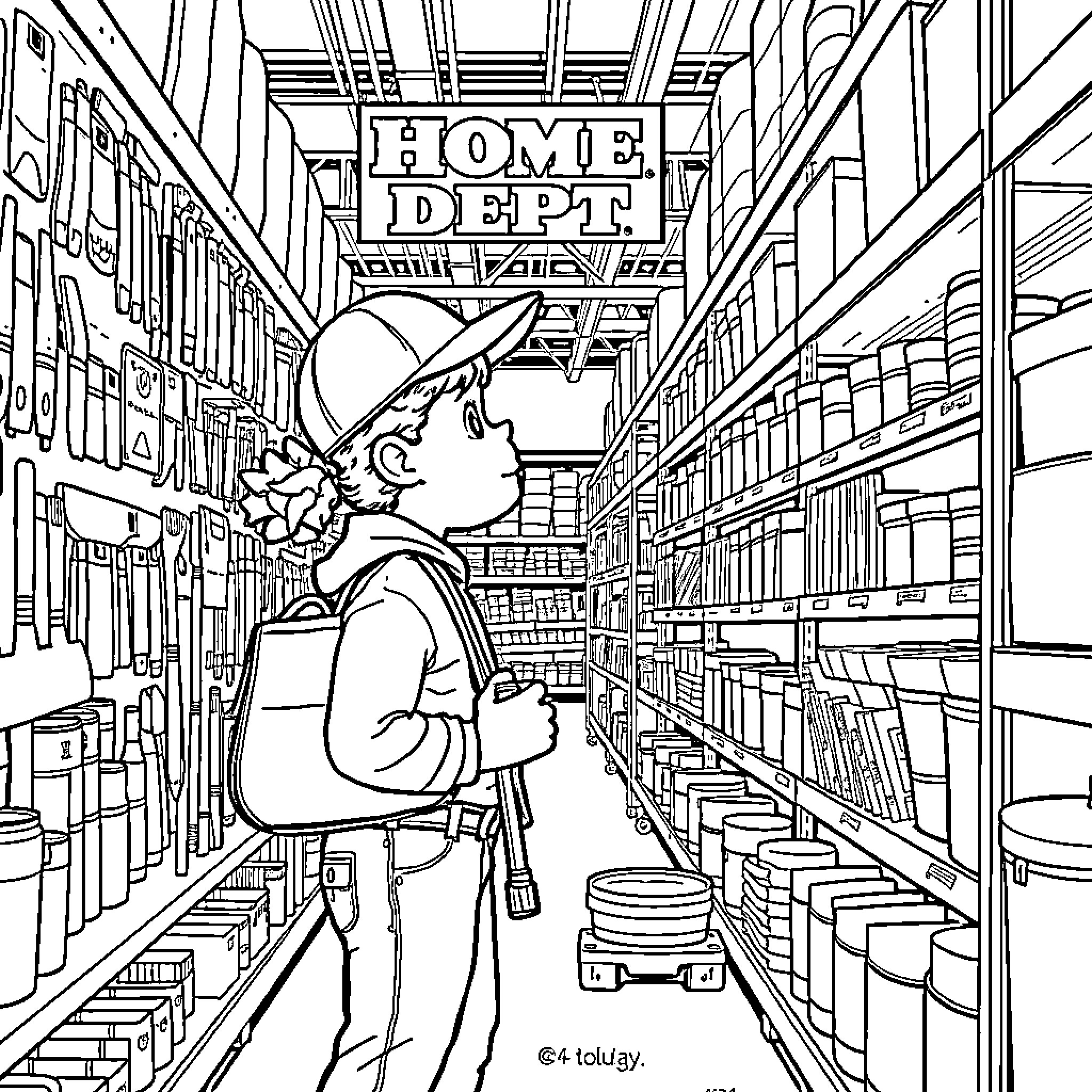 Bluey exploring the Home Depot store Coloring Page (free black-and-white line drawing printable PDF for all, from beginners to advanced learners, including children, teens, adults, and seniors)