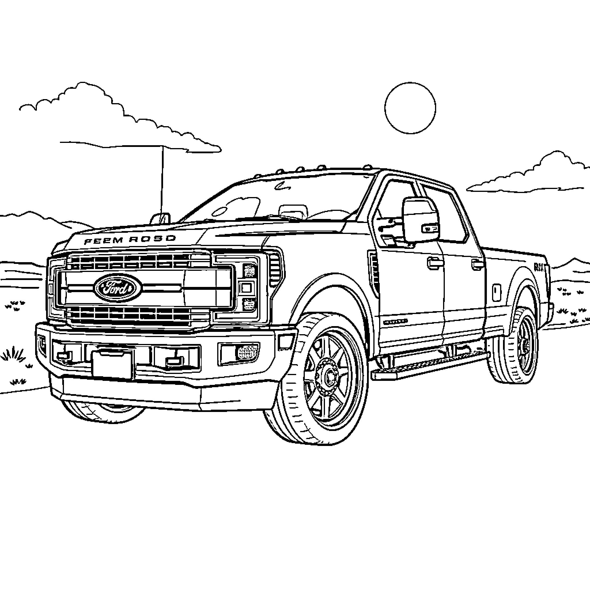 Ford F-250 truck in outdoor rural landscape Coloring Page (free black-and-white line drawing printable PDF for all, from beginners to advanced learners, including children, teens, adults, and seniors)