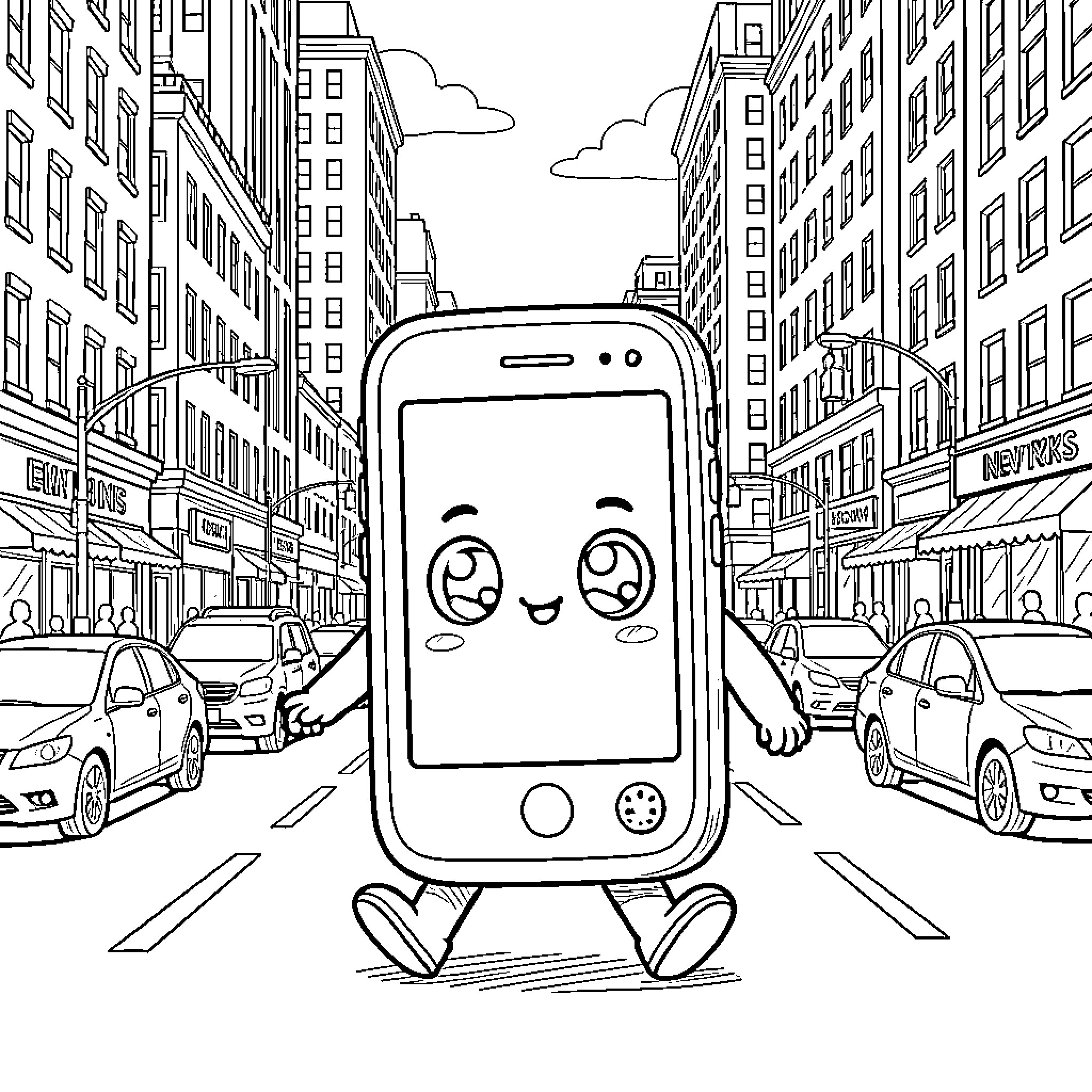 Smartphone walking happily through a busy city street Coloring Page (free black-and-white line drawing printable PDF for all, from beginners to advanced learners, including children, teens, adults, and seniors)