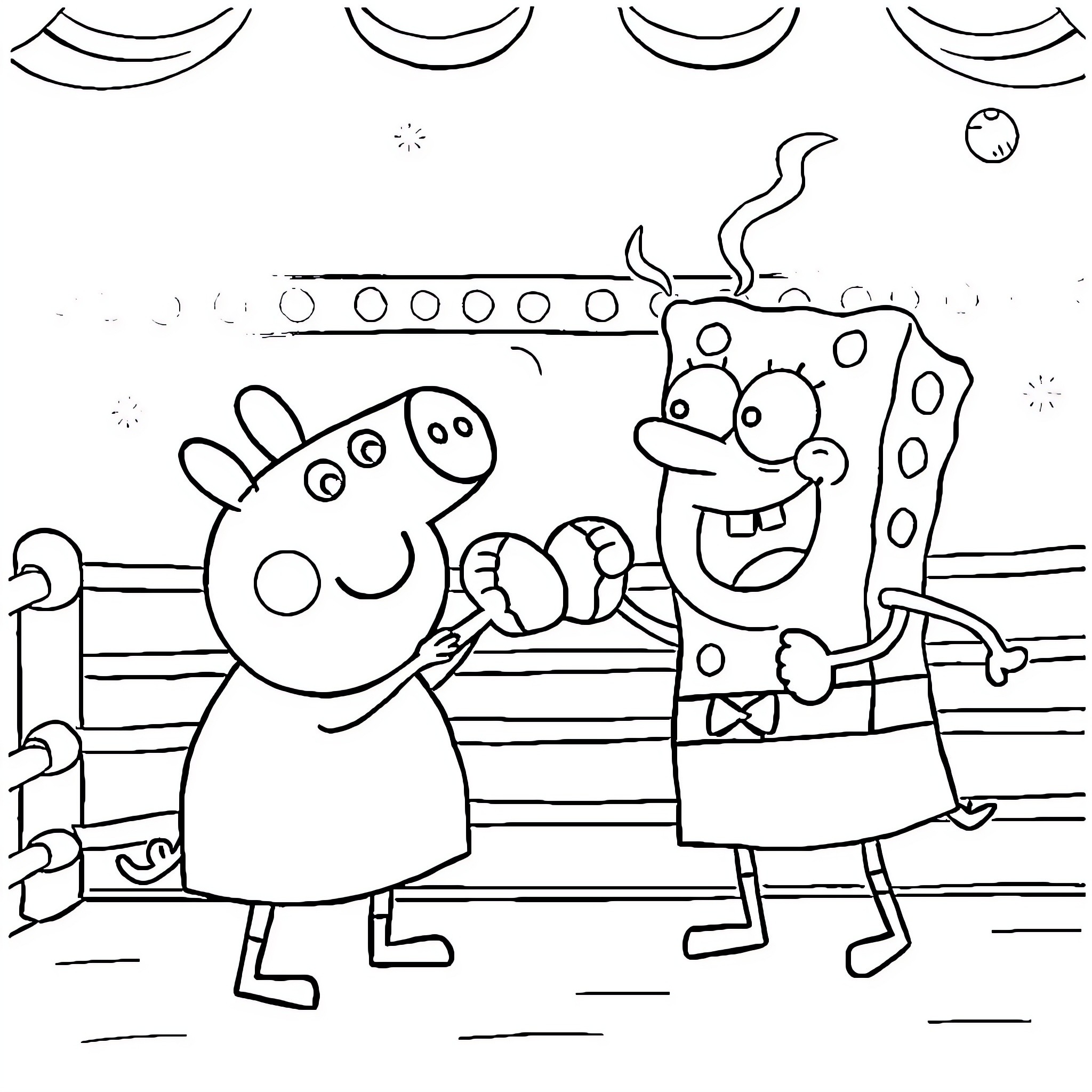 Peppa Pig and friends having fun together Coloring Page (free black-and-white line drawing printable PDF for all, from beginners to advanced learners, including children, teens, adults, and seniors)