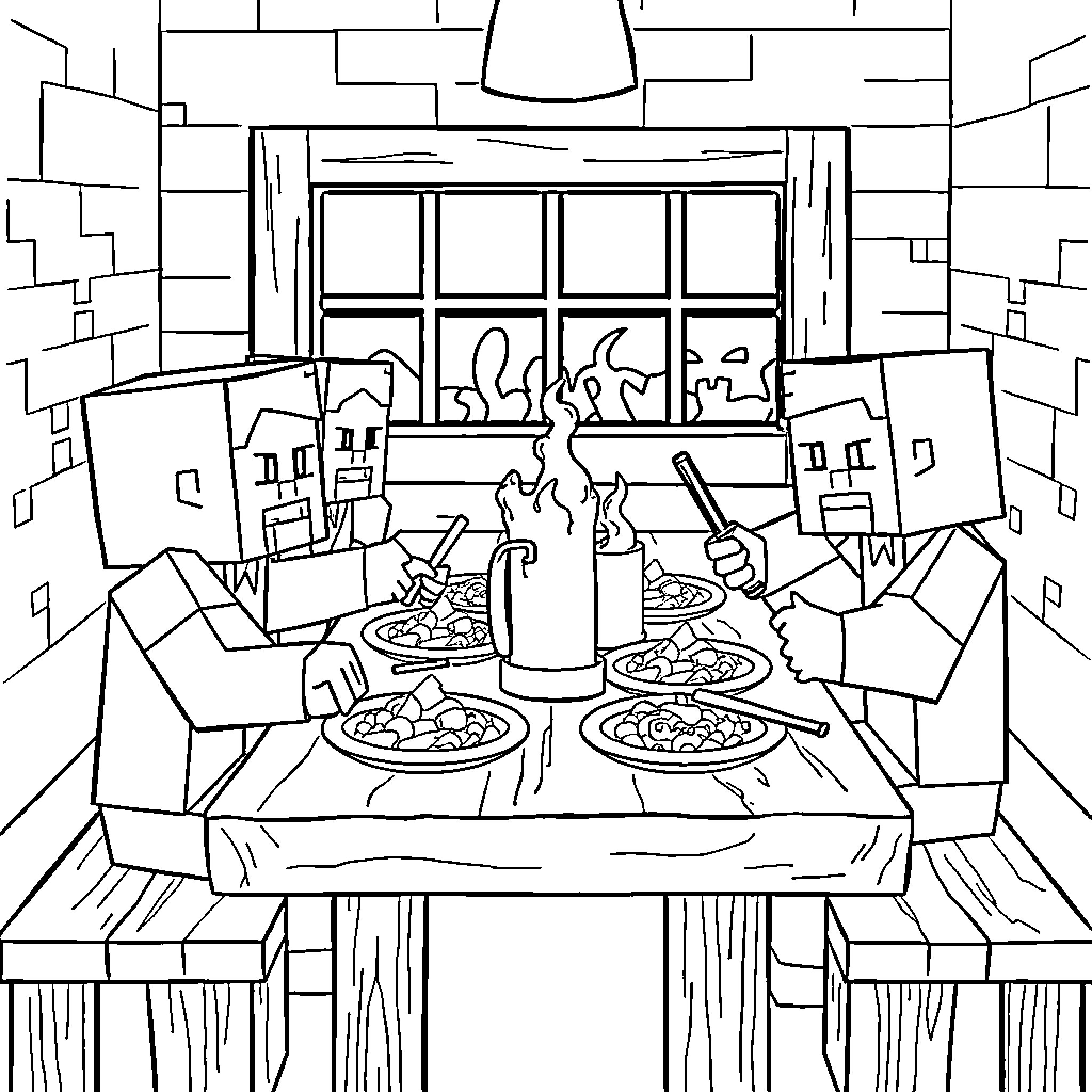 Minecraft Character Enjoying a Cozy Feast Coloring Page (free black-and-white line drawing printable PDF for all, from beginners to advanced learners, including children, teens, adults, and seniors)
