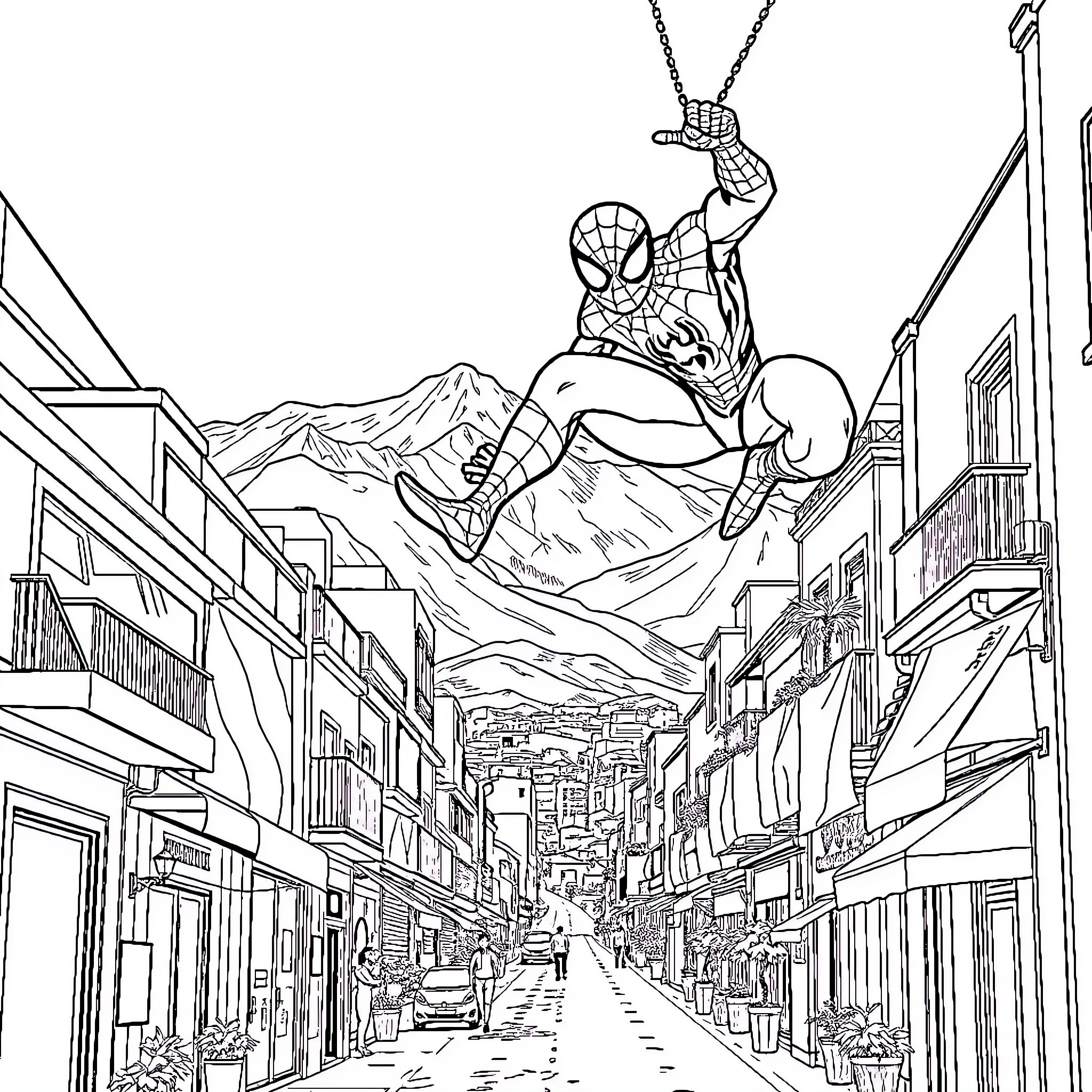 Spiderman swinging heroically over city streets Coloring Page (free black-and-white line drawing printable PDF for all, from beginners to advanced learners, including children, teens, adults, and seniors)