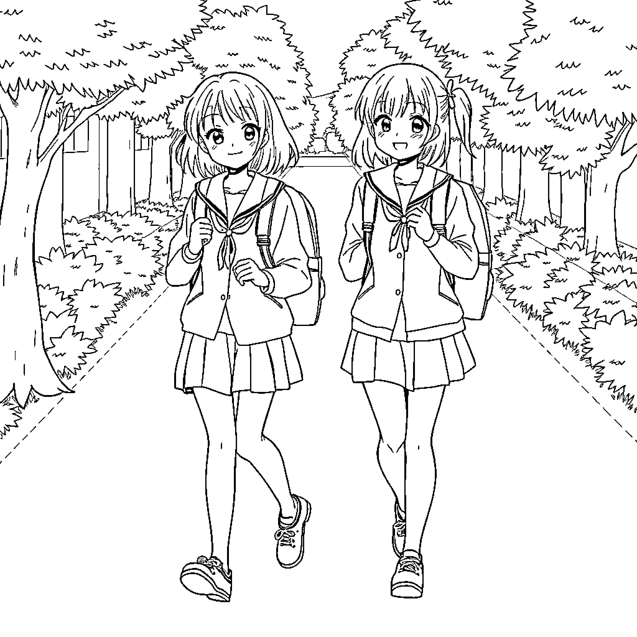 Girls walking together in school uniforms Coloring Page (free black-and-white line drawing printable PDF for all, from beginners to advanced learners, including children, teens, adults, and seniors)