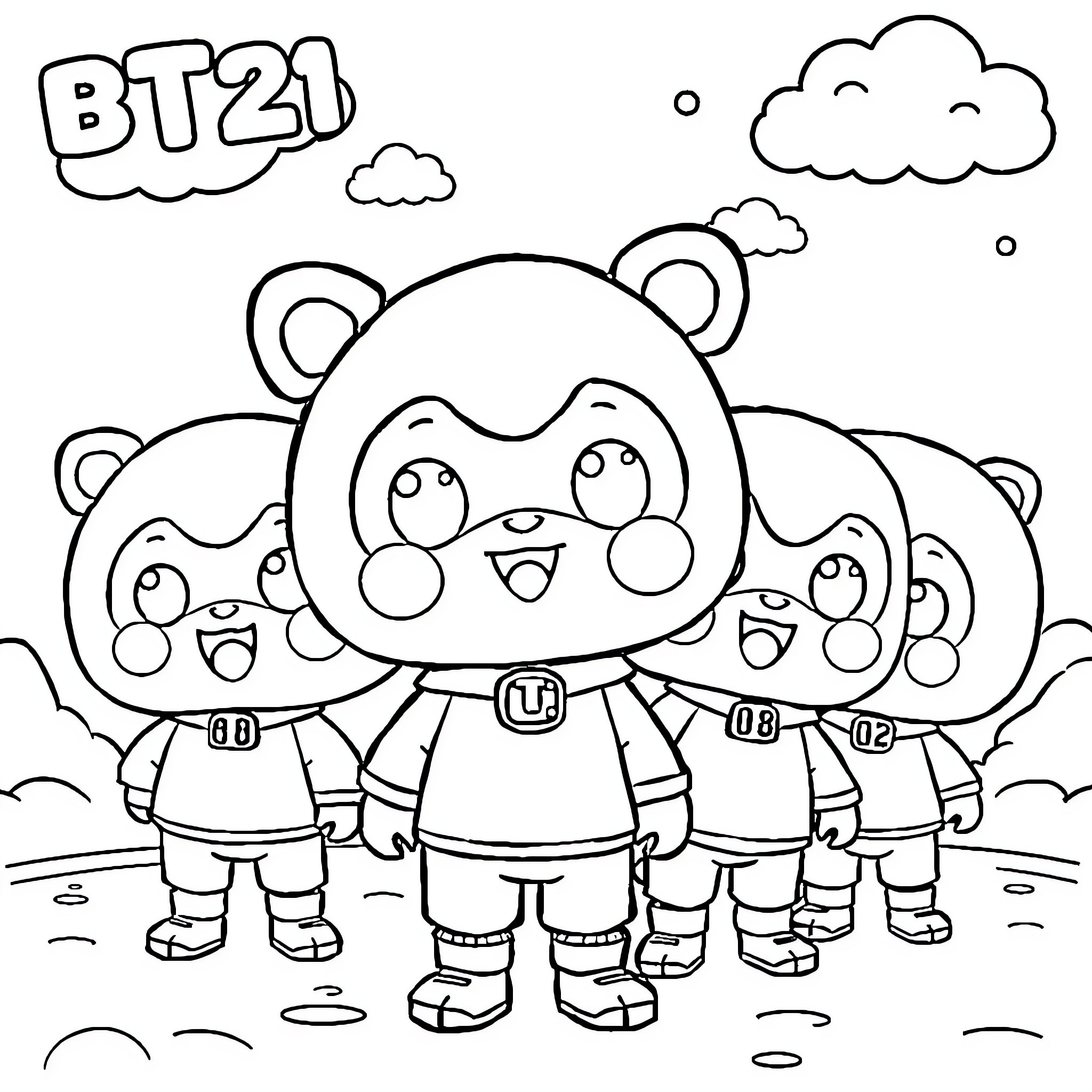 Labubu and friends in a cheerful scene Coloring Page (free black-and-white line drawing printable PDF for all, from beginners to advanced learners, including children, teens, adults, and seniors)