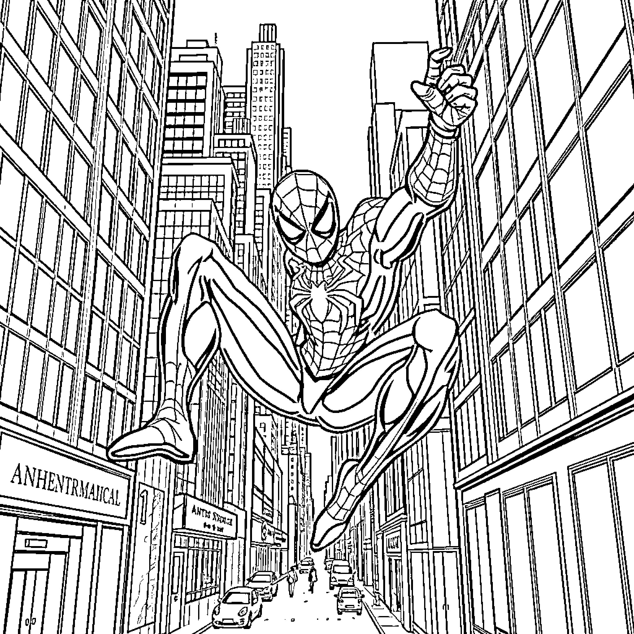 Spiderman swinging through the cityscape Coloring Page (free black-and-white line drawing printable PDF for all, from beginners to advanced learners, including children, teens, adults, and seniors)