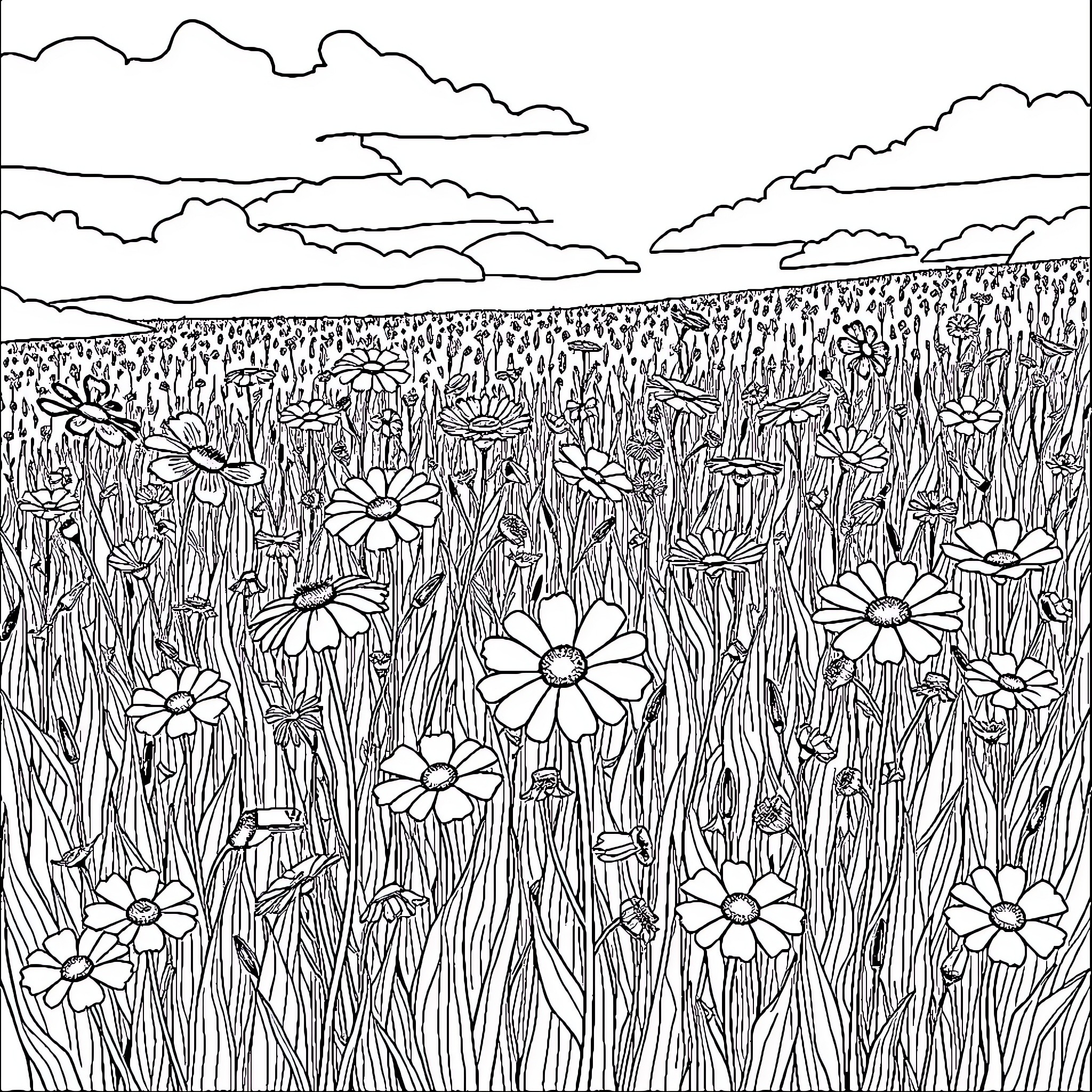 Flower field in scenic countryside landscape Coloring Page (free black-and-white line drawing printable PDF for all, from beginners to advanced learners, including children, teens, adults, and seniors)