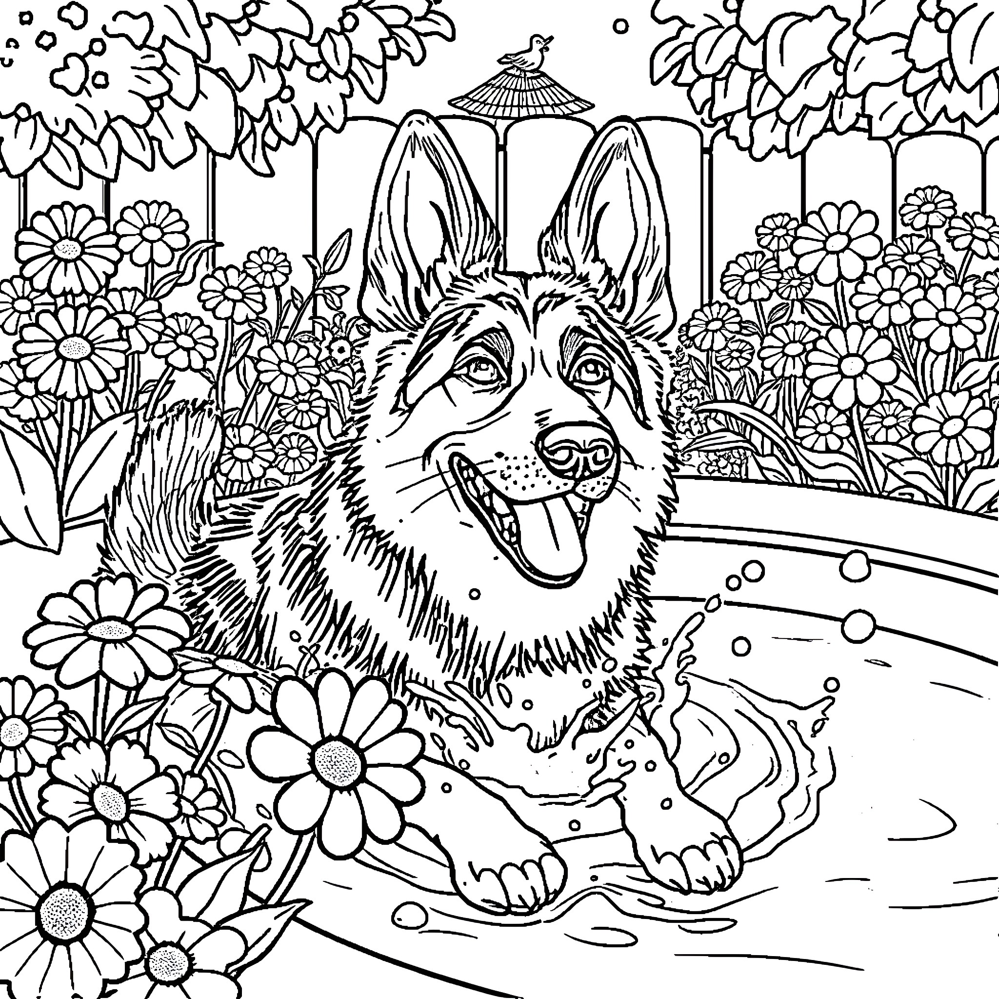 German Shepherd enjoying a garden party Coloring Page (free black-and-white line drawing printable PDF for all, from beginners to advanced learners, including children, teens, adults, and seniors)
