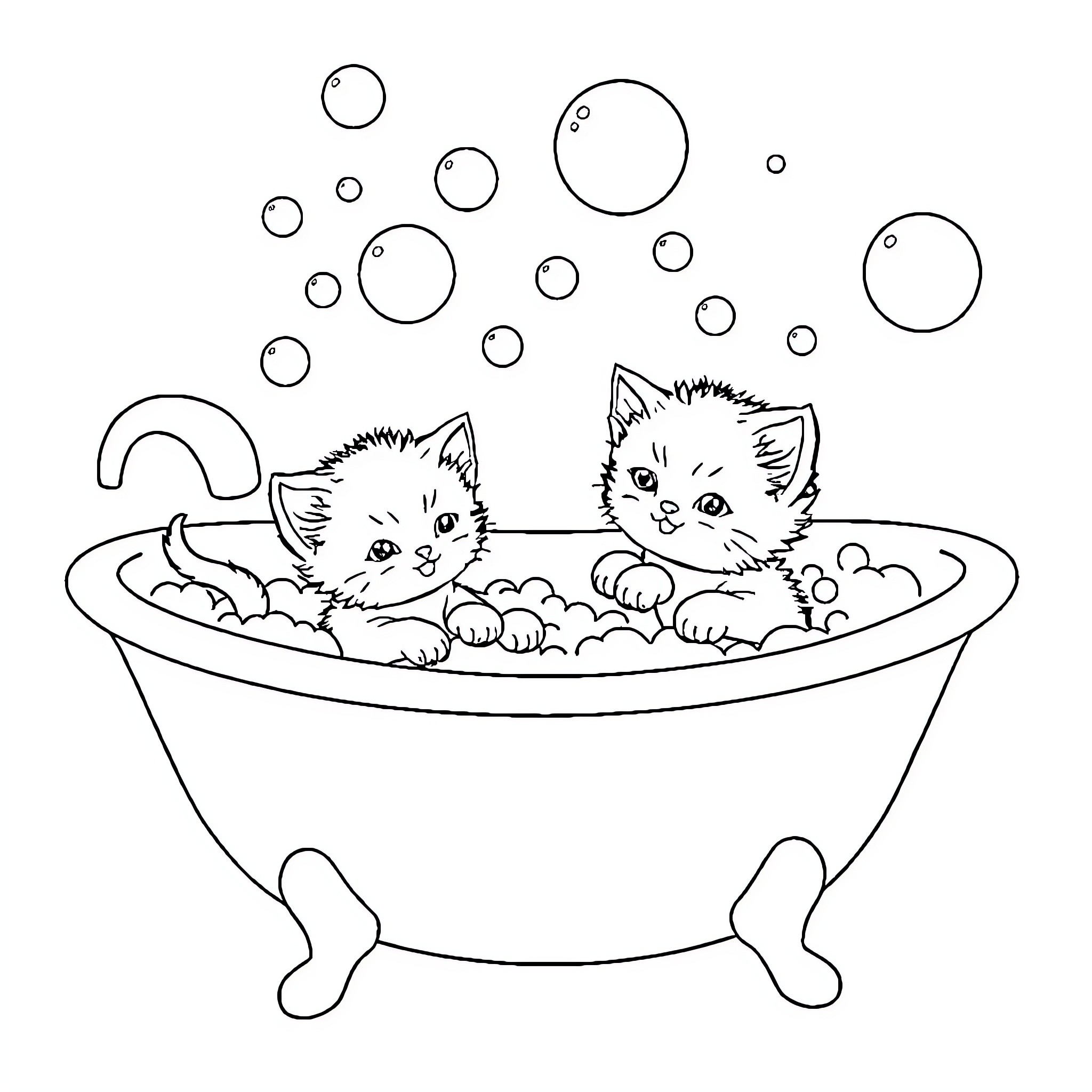 Kittens enjoying a bubbly bath Coloring Page (free black-and-white line drawing printable PDF for all, from beginners to advanced learners, including children, teens, adults, and seniors)