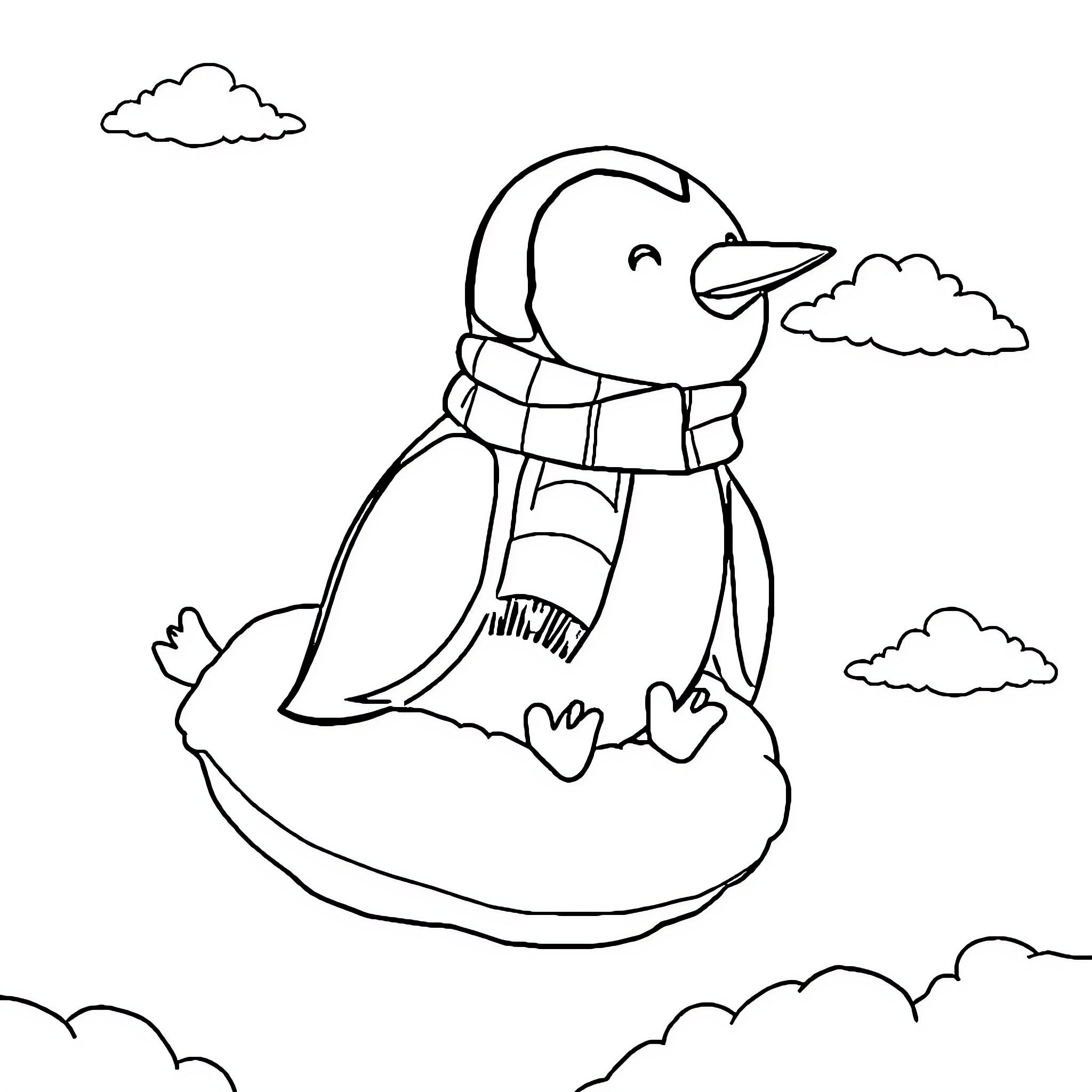 Penguin enjoying a cozy winter day Coloring Page (free black-and-white line drawing printable PDF for all, from beginners to advanced learners, including children, teens, adults, and seniors)