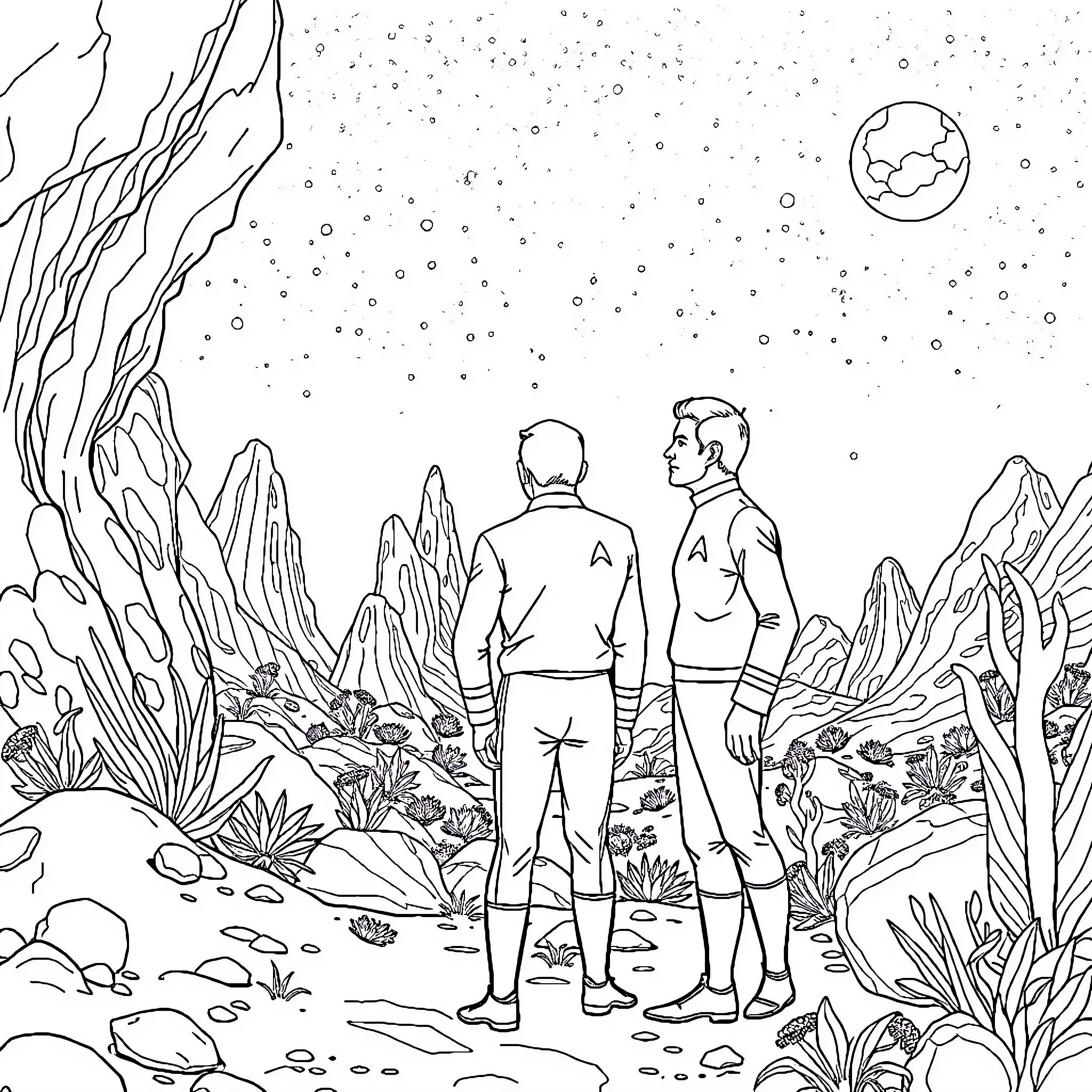Star Trek: Explorers on an Alien Planet Coloring Page (free black-and-white line drawing printable PDF for all, from beginners to advanced learners, including children, teens, adults, and seniors)