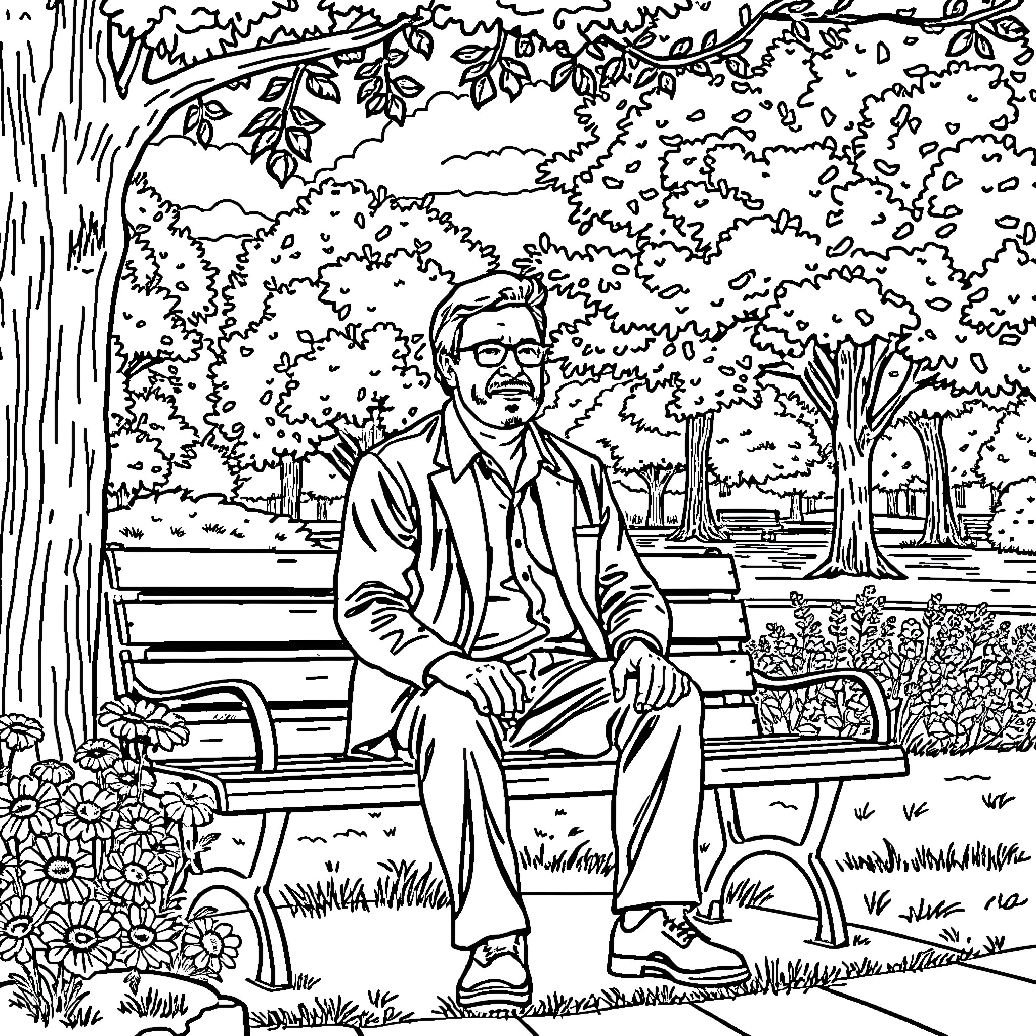 Russell M. Nelson in a serene outdoor setting Coloring Page (free black-and-white line drawing printable PDF for all, from beginners to advanced learners, including children, teens, adults, and seniors)