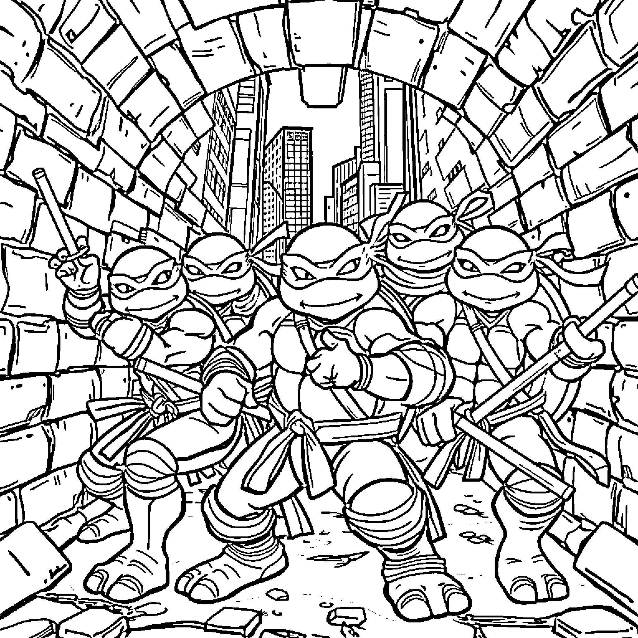 Ninja Turtles taking action in the city Coloring Page (free black-and-white line drawing printable PDF for all, from beginners to advanced learners, including children, teens, adults, and seniors)