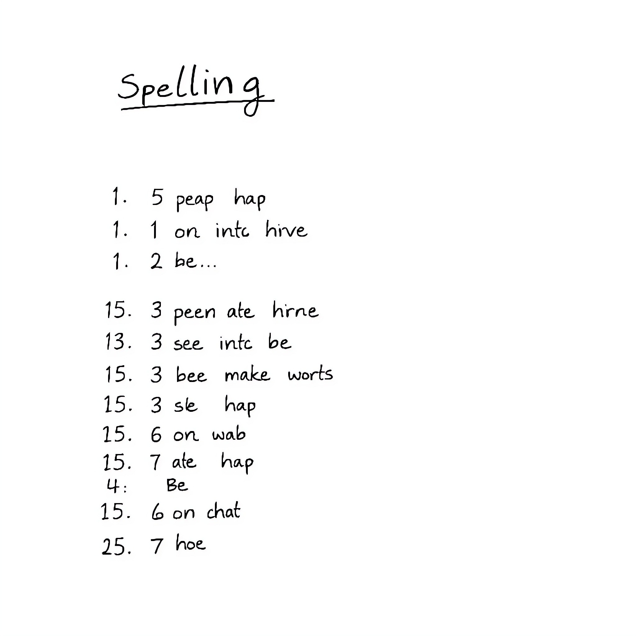 Word Puzzle with Handwritten Spelling Instructions Coloring Page (free black-and-white line drawing printable PDF for all, from beginners to advanced learners, including children, teens, adults, and seniors)