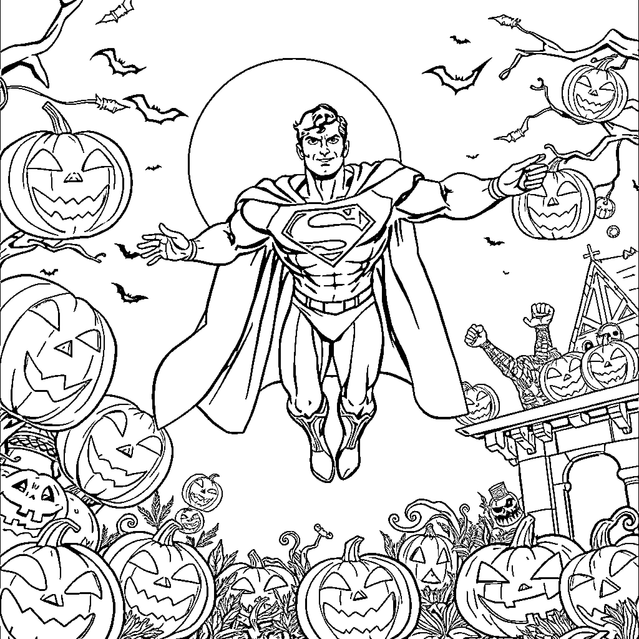 Superman Saves the Day on Halloween Coloring Page (free black-and-white line drawing printable PDF for all, from beginners to advanced learners, including children, teens, adults, and seniors)