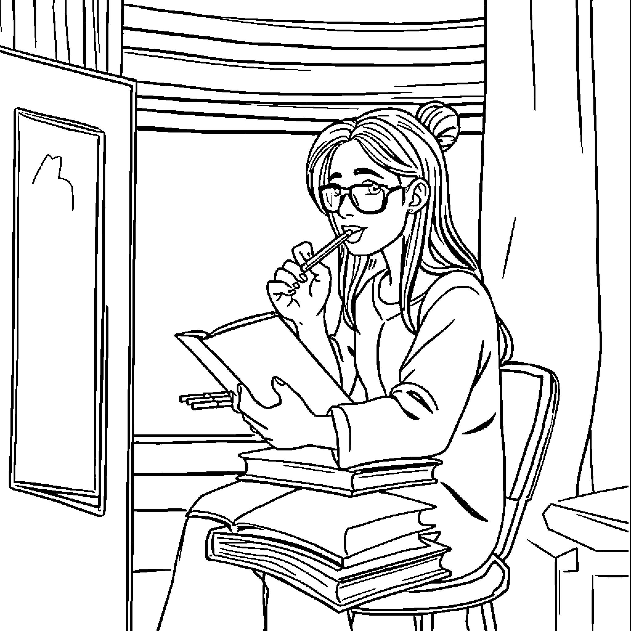 Lamine Yamal studying diligently in the library Coloring Page (free black-and-white line drawing printable PDF for all, from beginners to advanced learners, including children, teens, adults, and seniors)