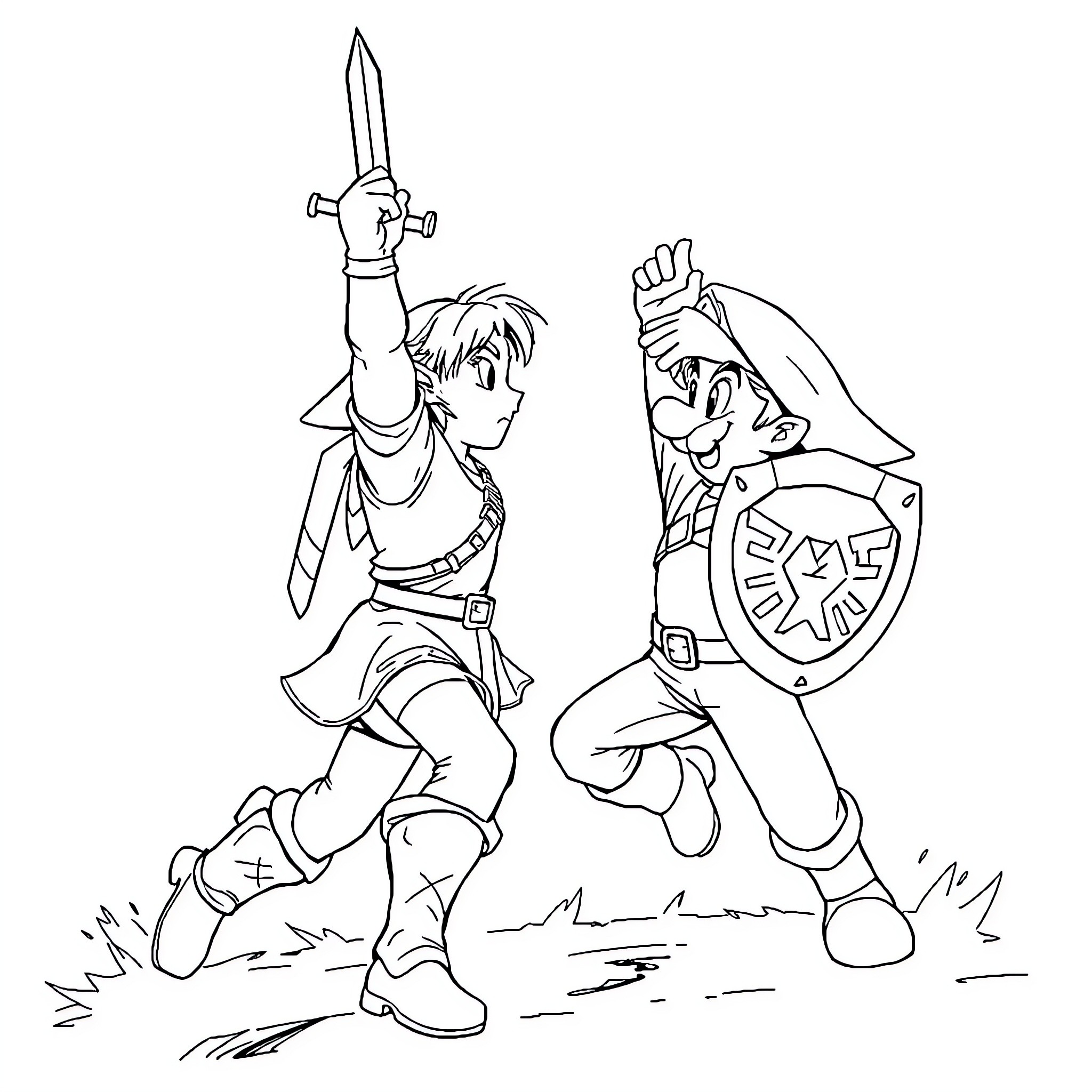 Link facing off with warrior wielding sword and shield Coloring Page (free black-and-white line drawing printable PDF for all, from beginners to advanced learners, including children, teens, adults, and seniors)