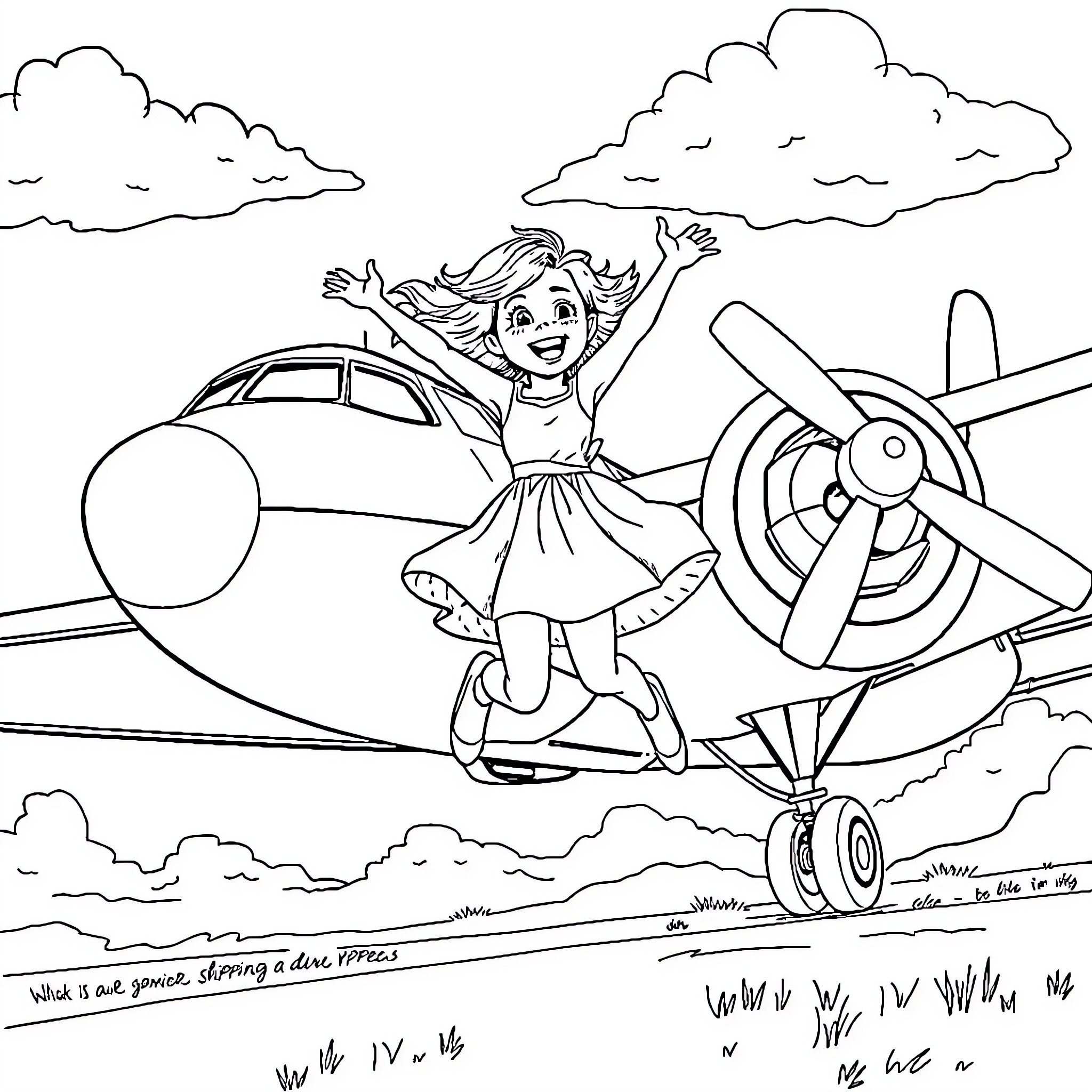 Girl happily jumping near vintage airplane Coloring Page (free black-and-white line drawing printable PDF for all, from beginners to advanced learners, including children, teens, adults, and seniors)