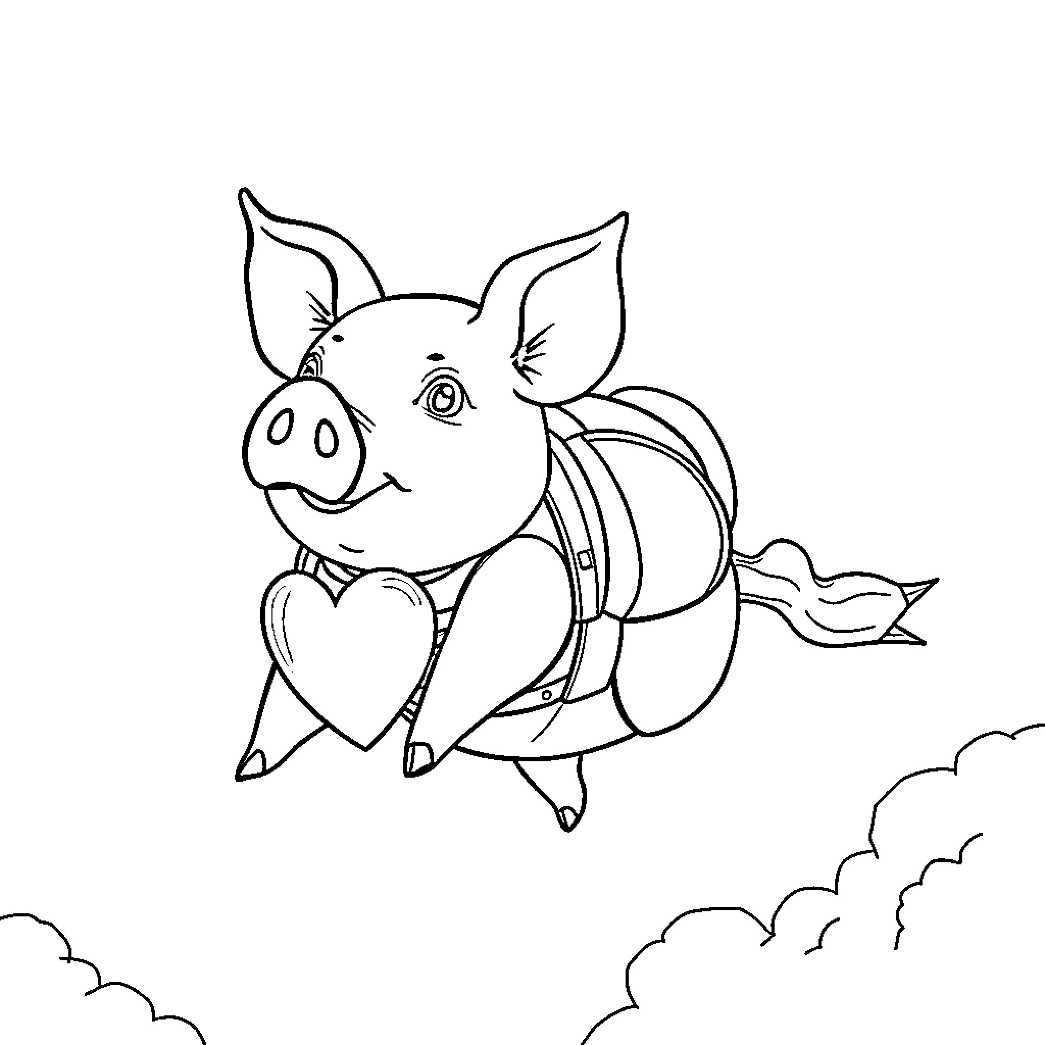 Flying Pig on a Whimsical Adventure Coloring Page (free black-and-white line drawing printable PDF for all, from beginners to advanced learners, including children, teens, adults, and seniors)