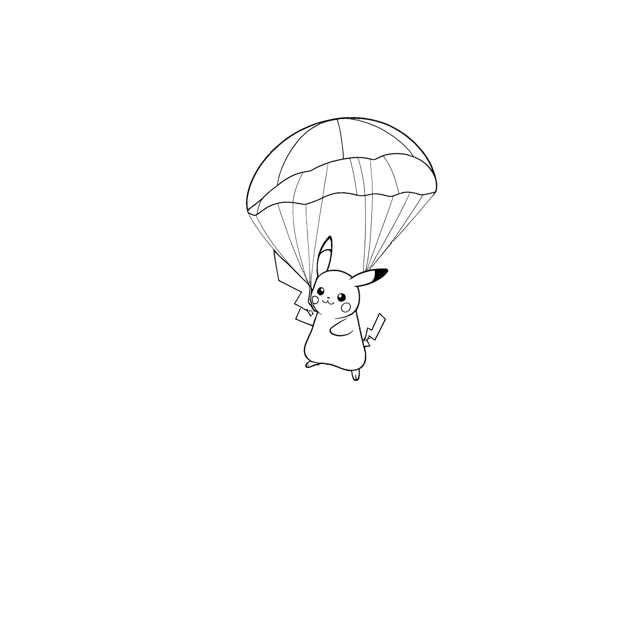 Pikachu parachuting with excitement Coloring Page (free black-and-white line drawing printable PDF for all, from beginners to advanced learners, including children, teens, adults, and seniors)