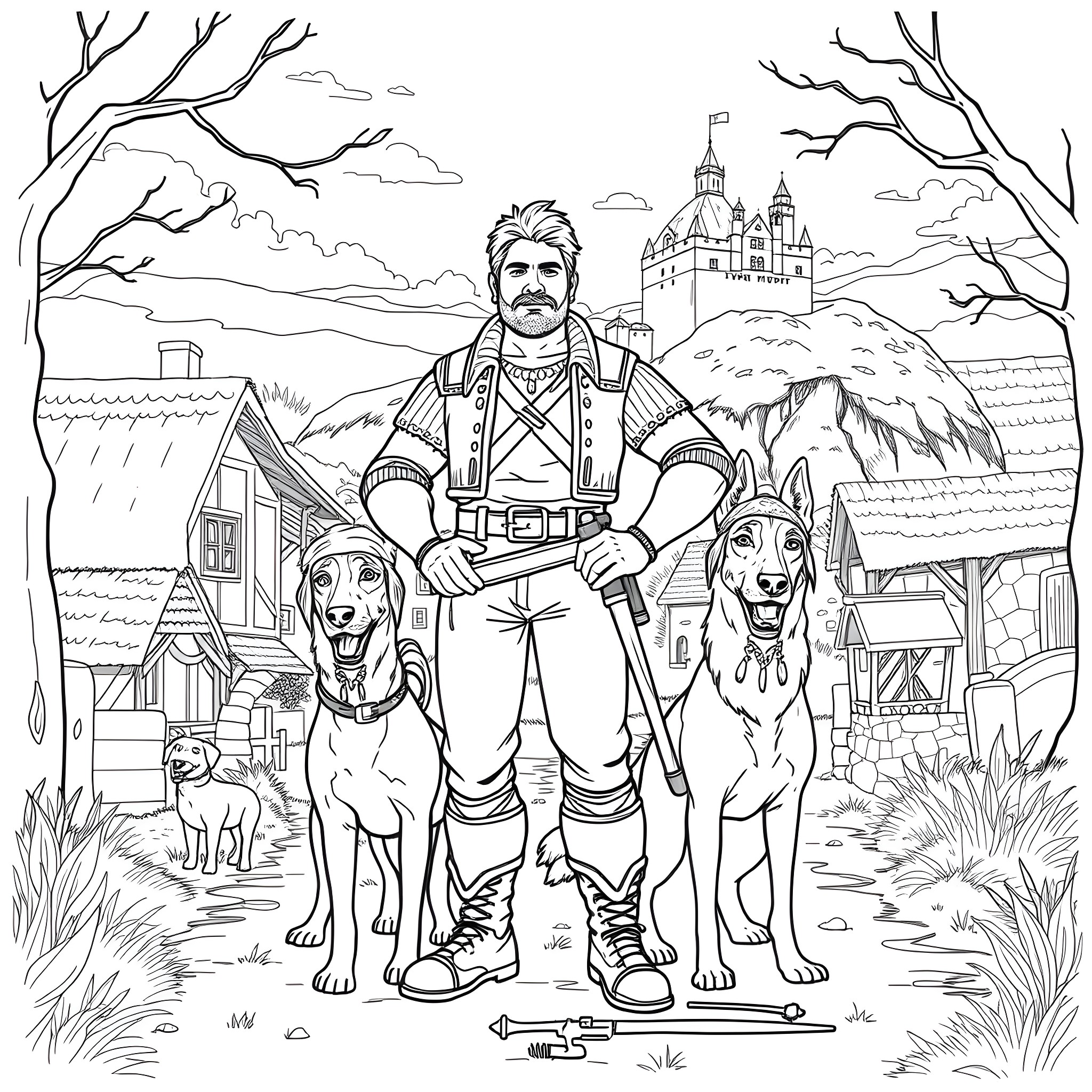 Gastón exploring the countryside with his loyal companions Coloring Page (free black-and-white line drawing printable PDF for all, from beginners to advanced learners, including children, teens, adults, and seniors)