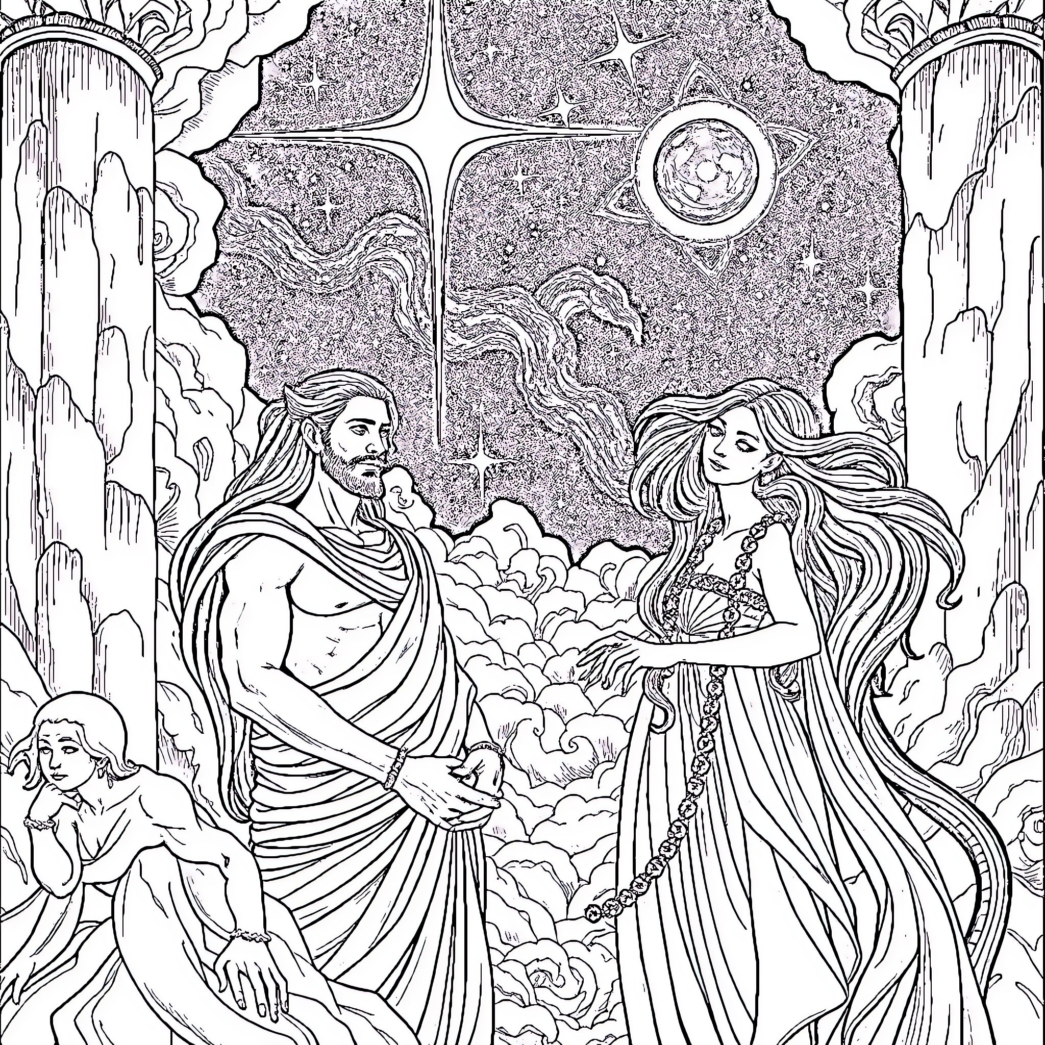 Gilgamesh's Journey with Enchanting Companions Coloring Page (free black-and-white line drawing printable PDF for all, from beginners to advanced learners, including children, teens, adults, and seniors)