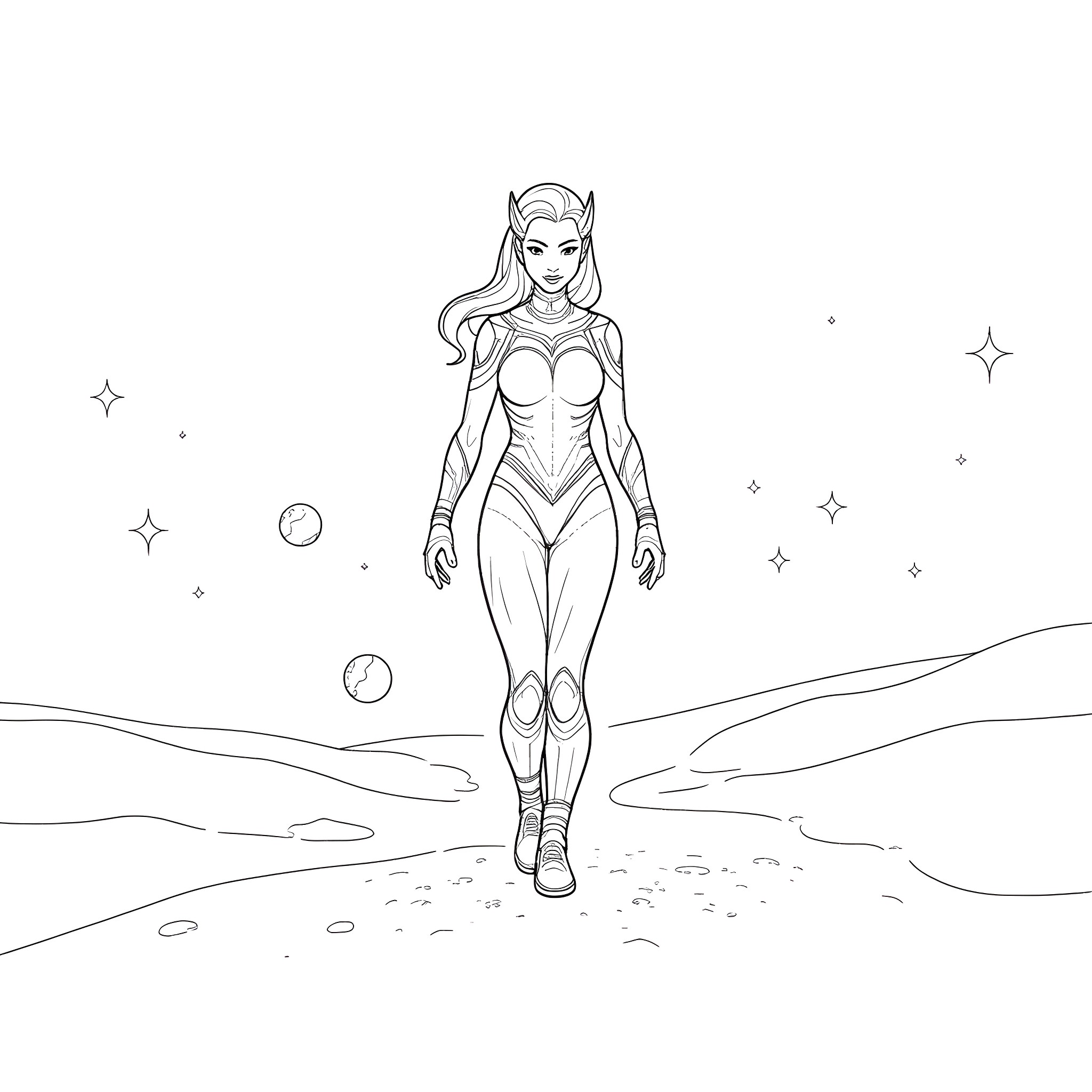 Dark Elf warrior walking on cosmic landscape Coloring Page (free black-and-white line drawing printable PDF for all, from beginners to advanced learners, including children, teens, adults, and seniors)