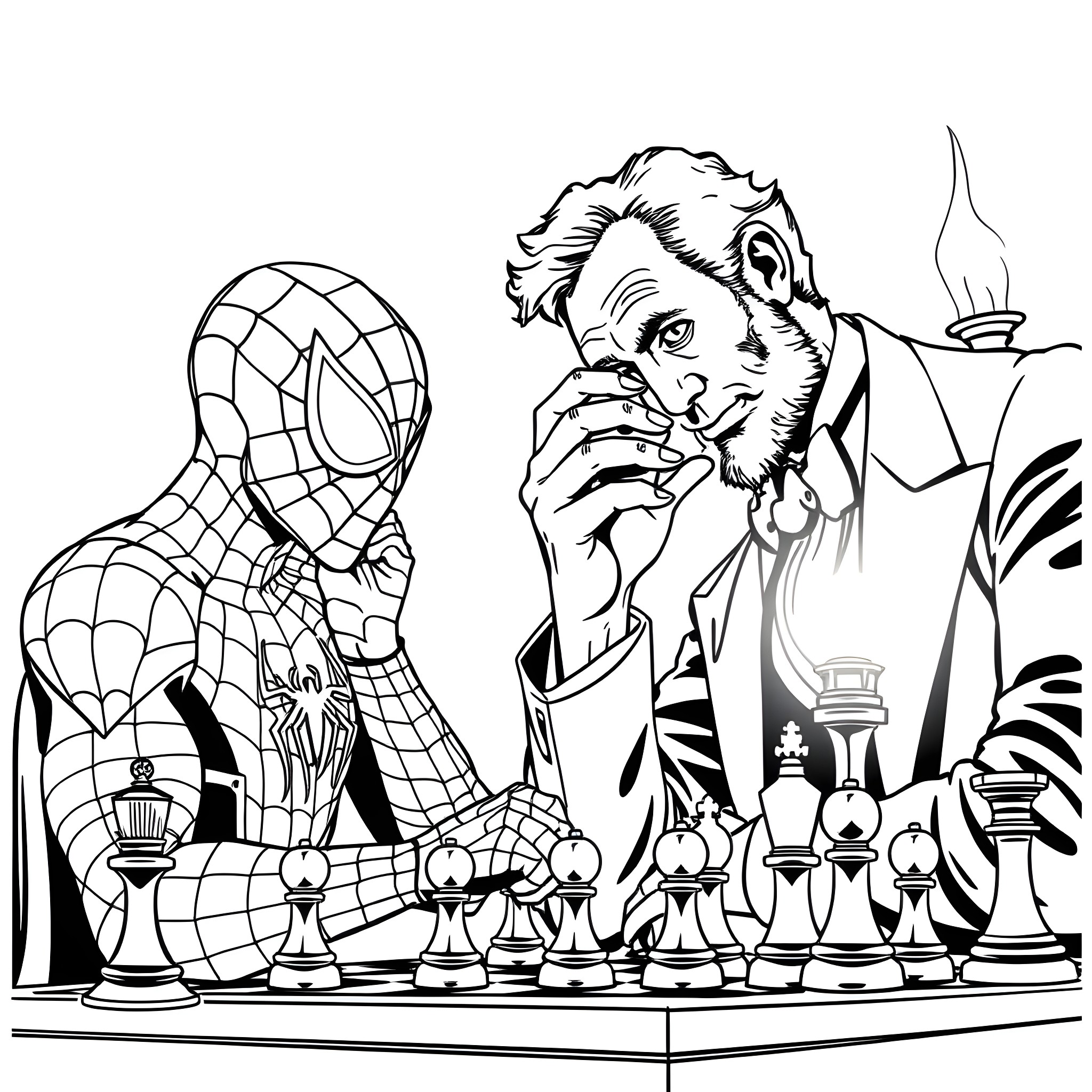 Spiderman challenged by a chess mastermind Coloring Page (free black-and-white line drawing printable PDF for all, from beginners to advanced learners, including children, teens, adults, and seniors)