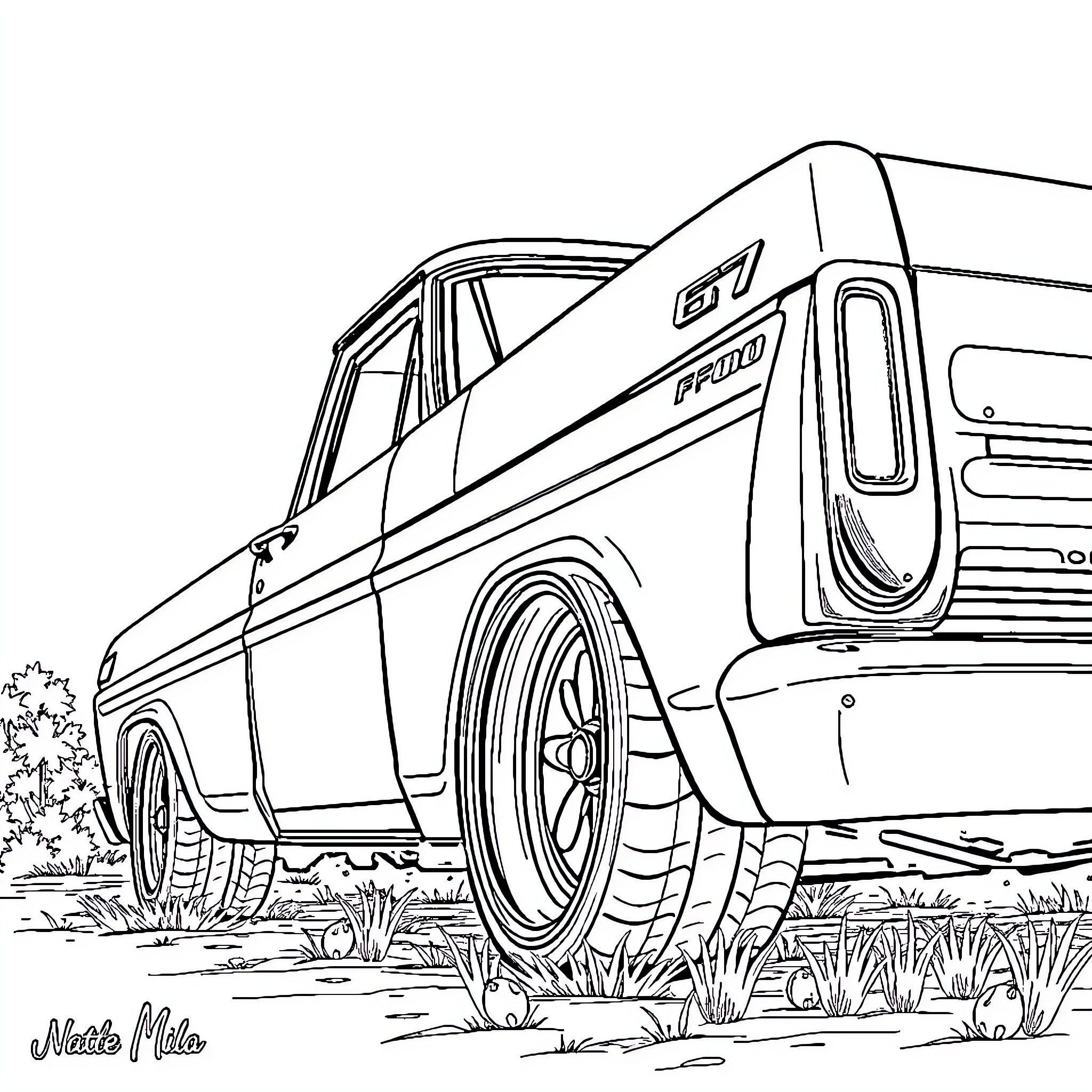 F100 Truck with Off-Road Tires in Outdoor Setting Coloring Page (free black-and-white line drawing printable PDF for all, from beginners to advanced learners, including children, teens, adults, and seniors)
