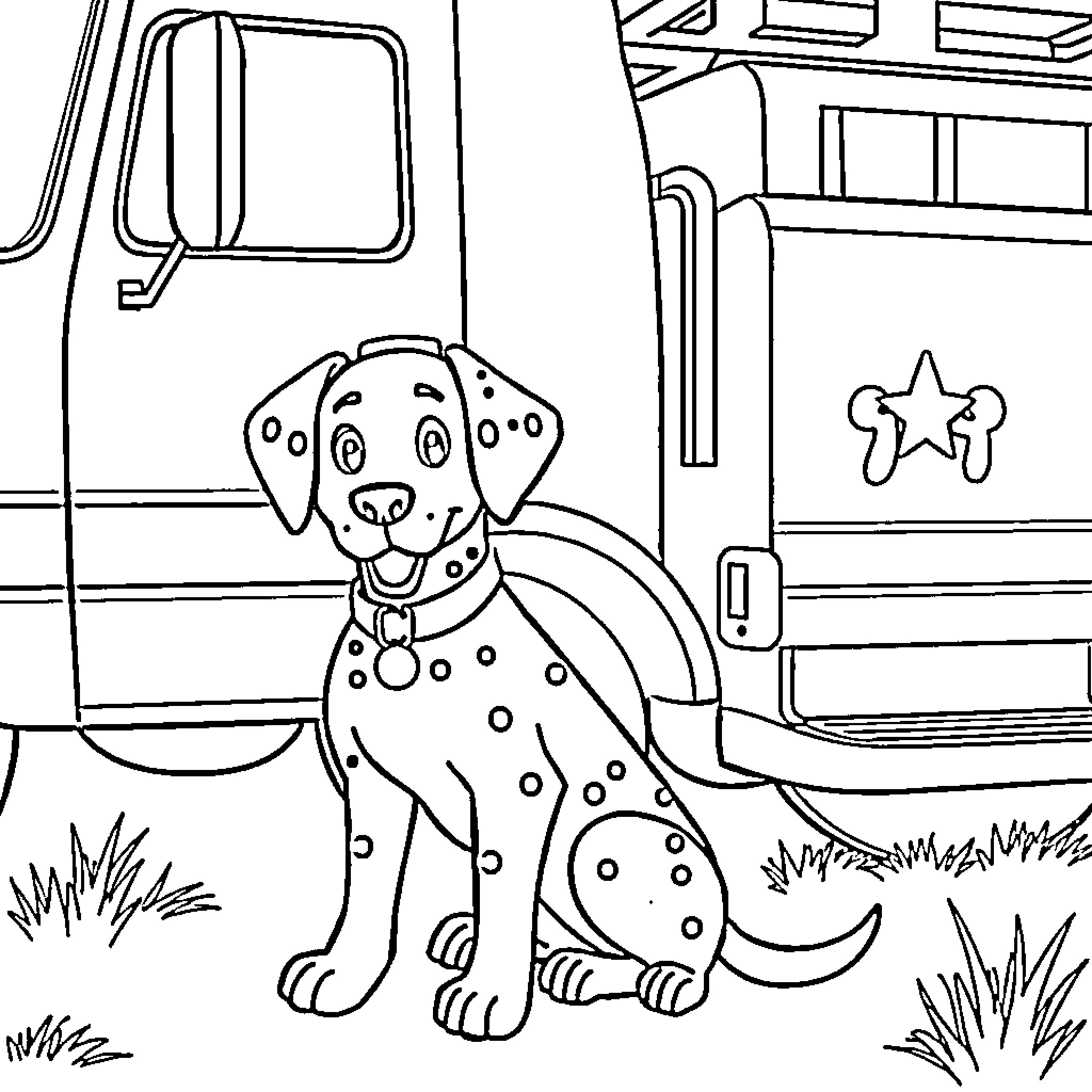 Dalmatian puppy exploring the neighborhood Coloring Page (free black-and-white line drawing printable PDF for all, from beginners to advanced learners, including children, teens, adults, and seniors)