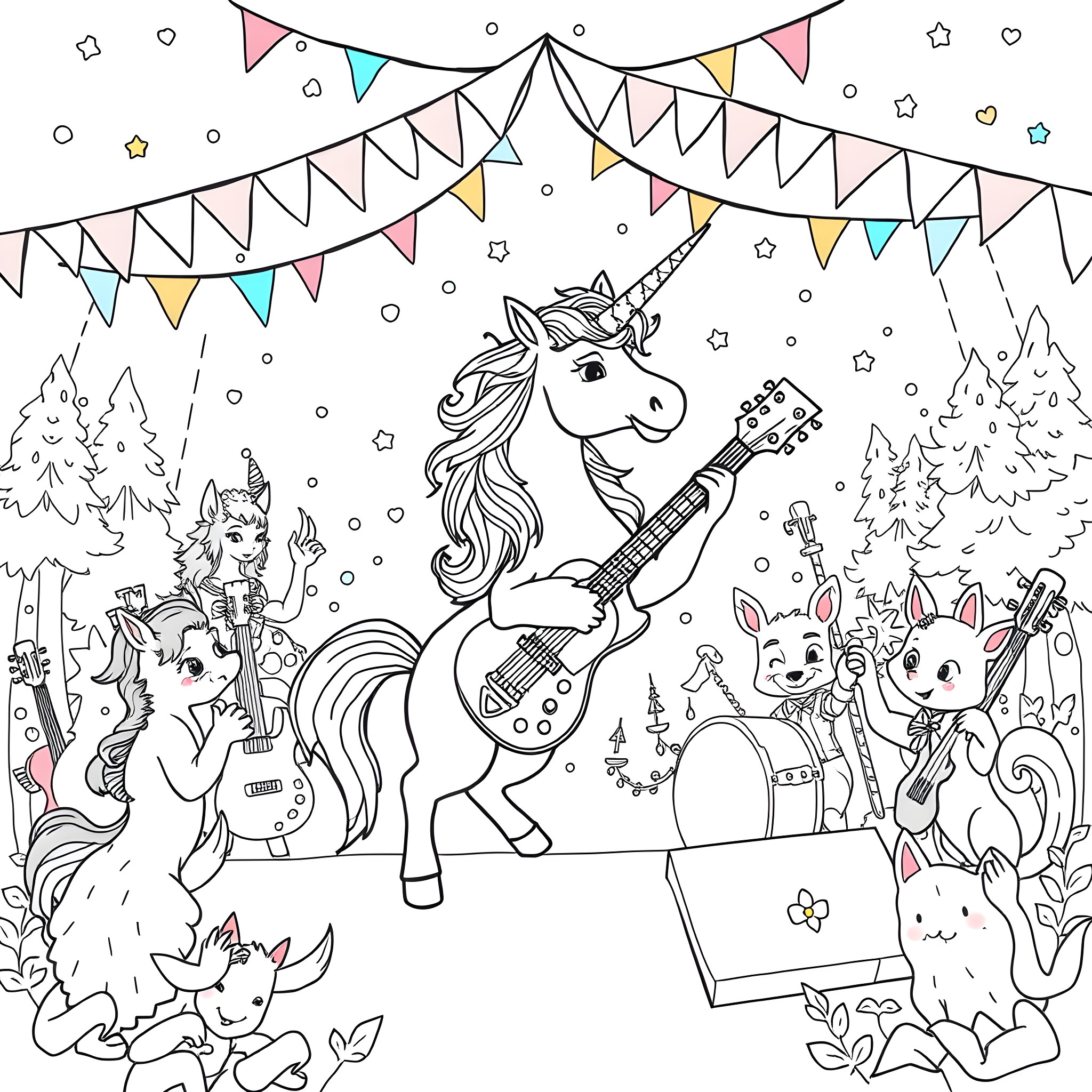 Unicorn Party with Music and Decorations Coloring Page (free black-and-white line drawing printable PDF for all, from beginners to advanced learners, including children, teens, adults, and seniors)