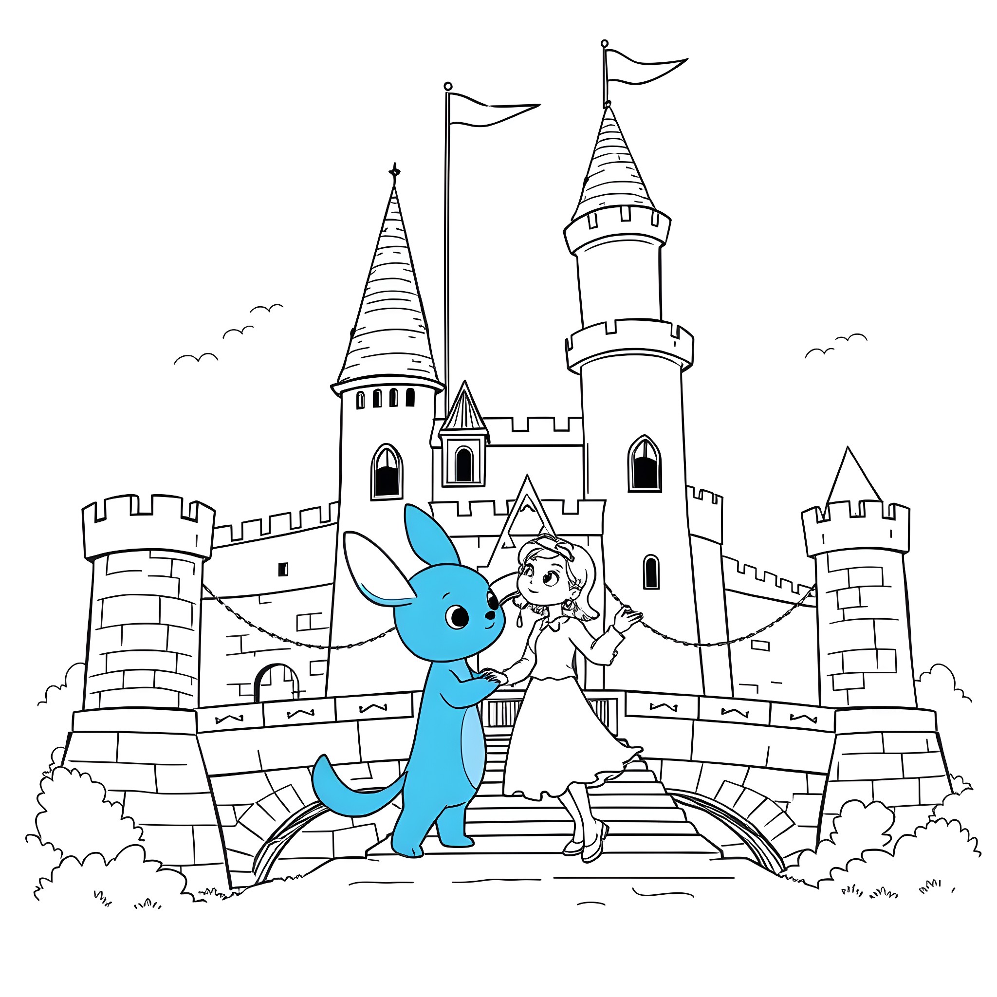 Mrs Rachel and the Magical Castle Coloring Page (free black-and-white line drawing printable PDF for all, from beginners to advanced learners, including children, teens, adults, and seniors)
