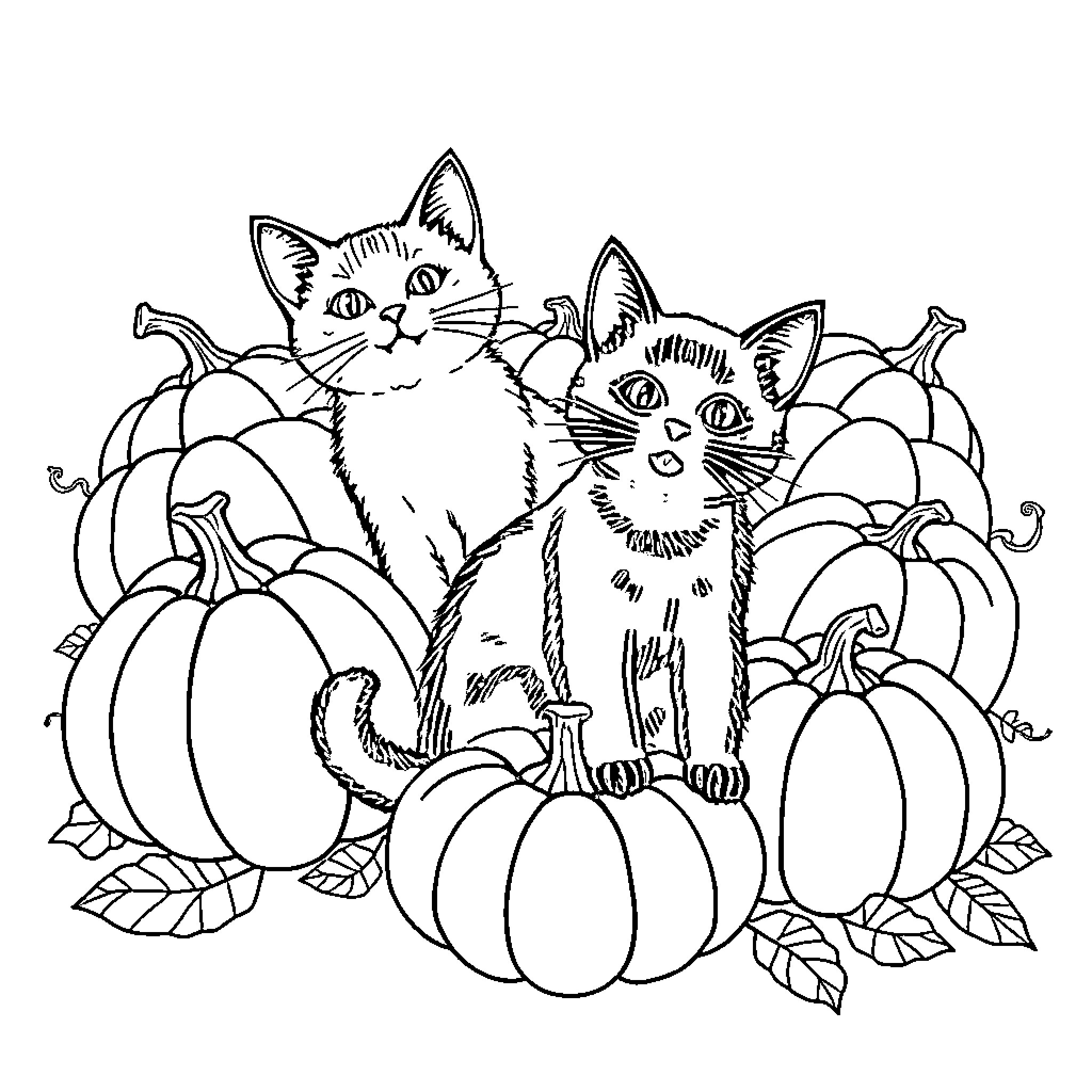 Cats Sitting Amidst Pumpkins Coloring Page (free black-and-white line drawing printable PDF for all, from beginners to advanced learners, including children, teens, adults, and seniors)