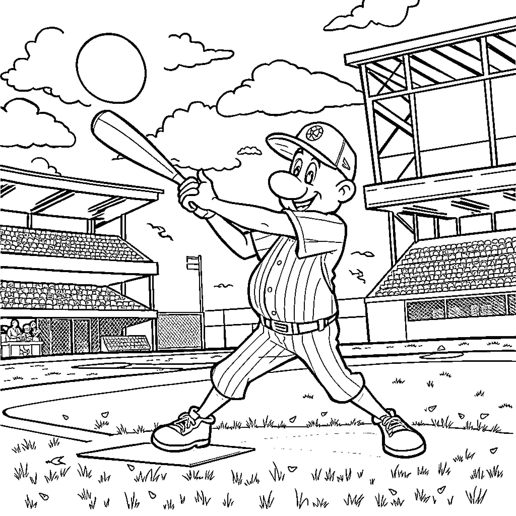 Pistol Pete batting at baseball game Coloring Page (free black-and-white line drawing printable PDF for all, from beginners to advanced learners, including children, teens, adults, and seniors)