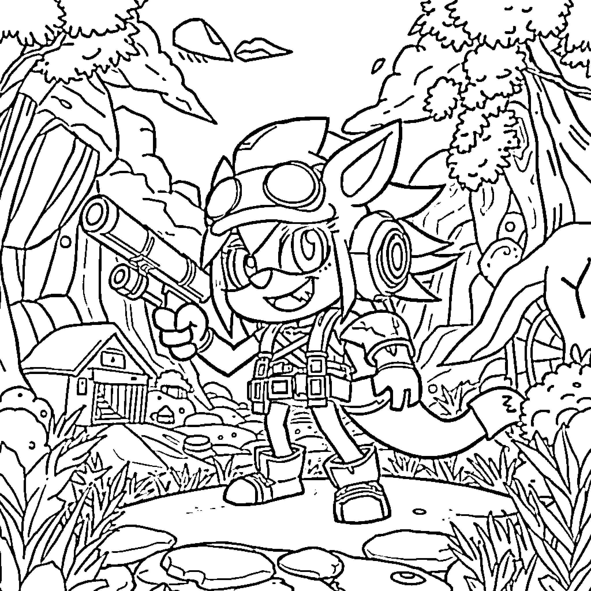 Huntrix's Whimsical Adventure in the Enchanted Forest Coloring Page (free black-and-white line drawing printable PDF for all, from beginners to advanced learners, including children, teens, adults, and seniors)