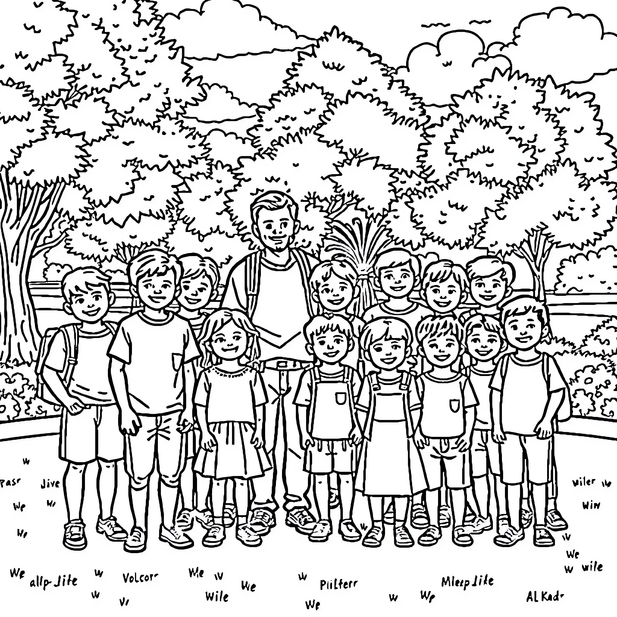 Kids enjoying outdoor activities together in the park Coloring Page (free black-and-white line drawing printable PDF for all, from beginners to advanced learners, including children, teens, adults, and seniors)