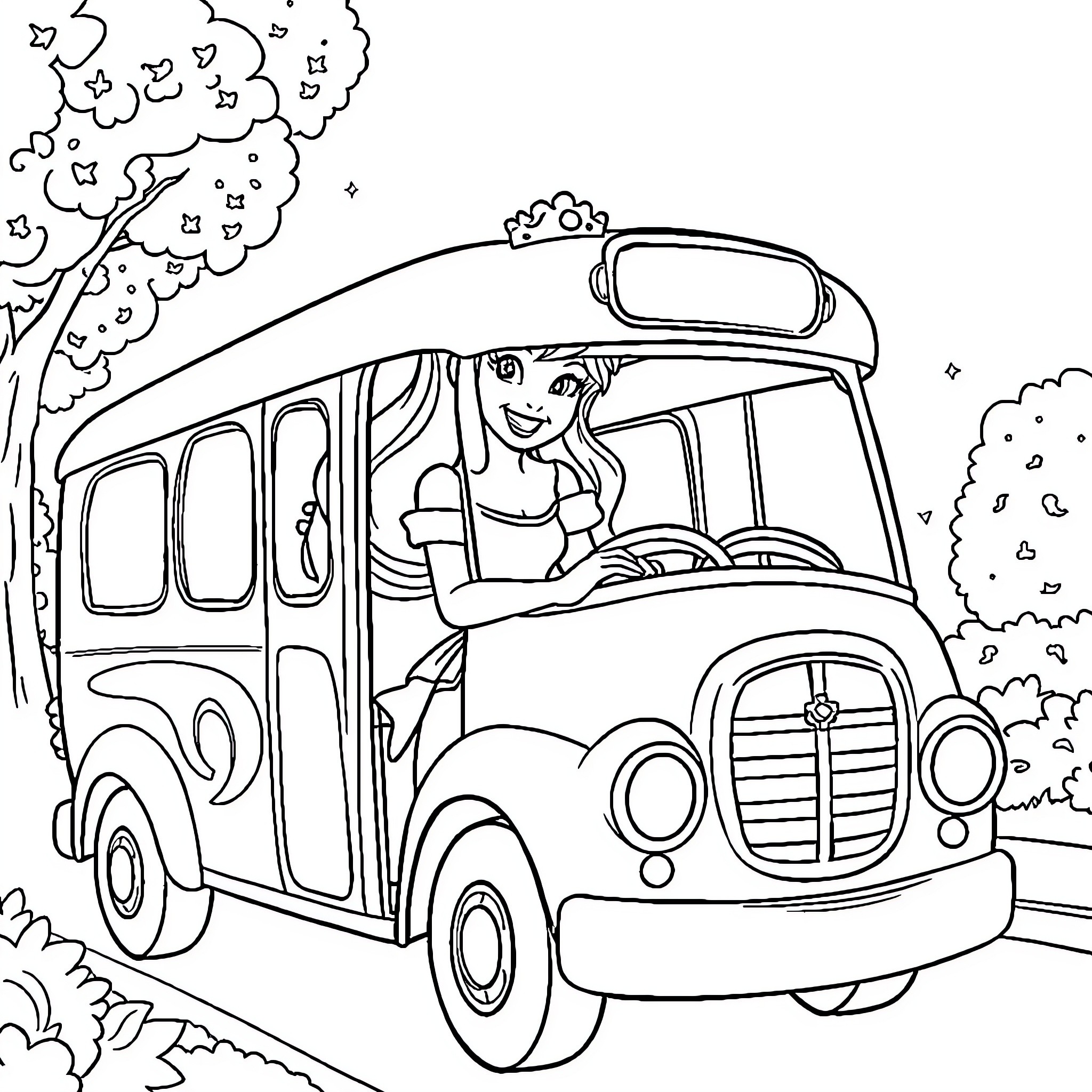 Disney Princess driving a colorful bus Coloring Page (free black-and-white line drawing printable PDF for all, from beginners to advanced learners, including children, teens, adults, and seniors)