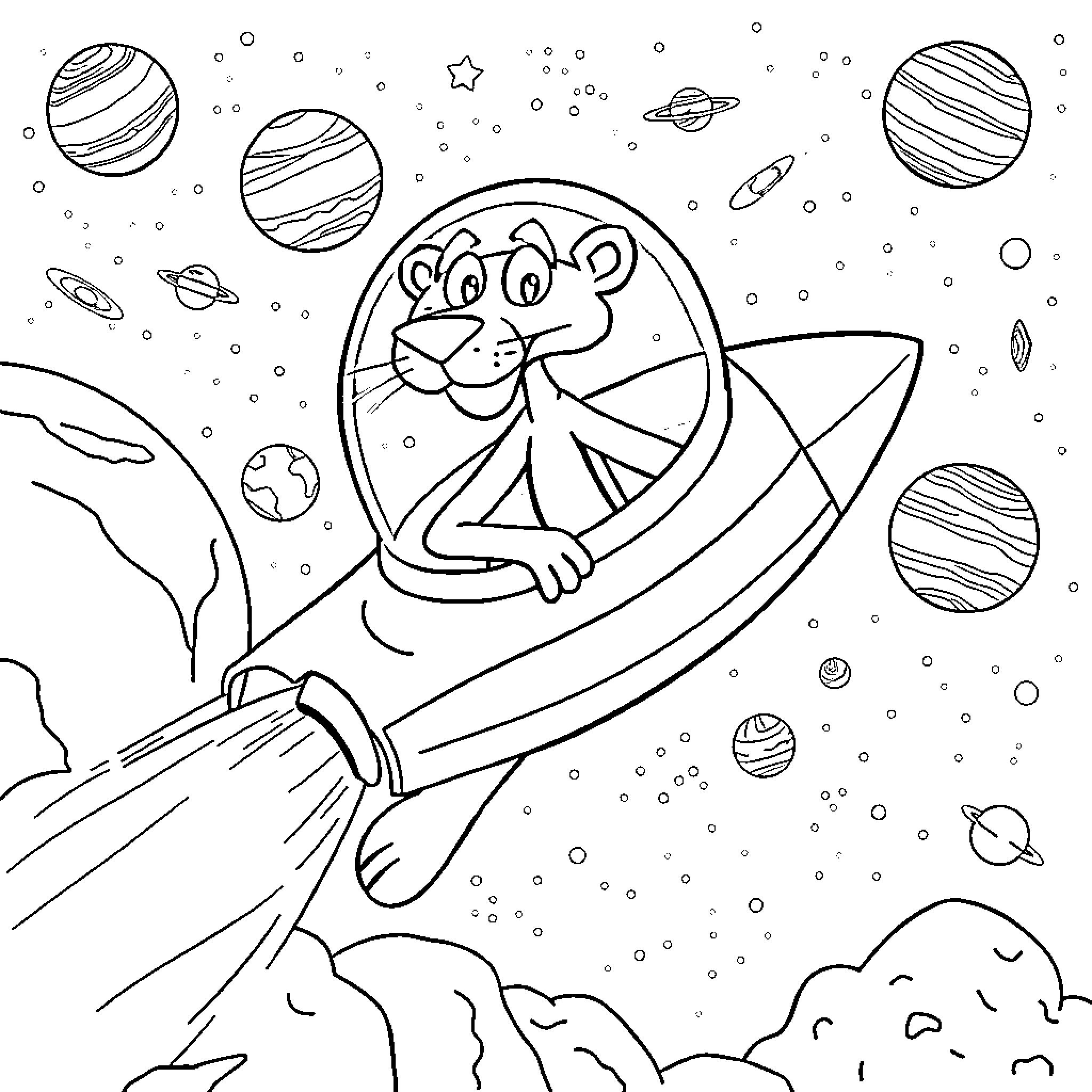 Pink Panther flying through cosmic space Coloring Page (free black-and-white line drawing printable PDF for all, from beginners to advanced learners, including children, teens, adults, and seniors)