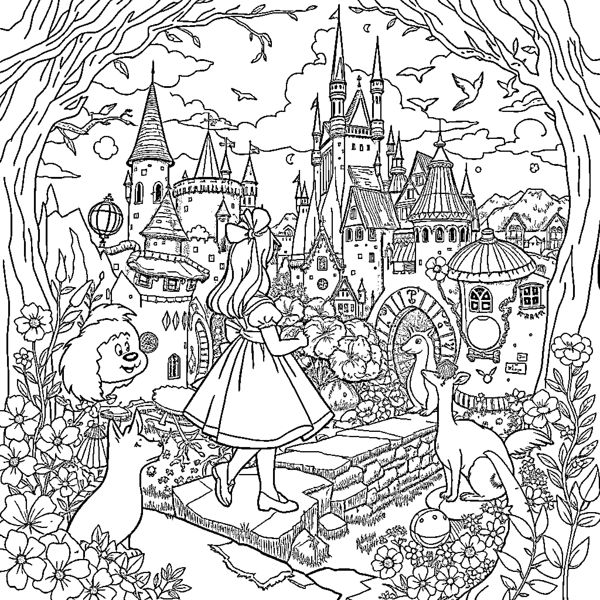 Alice in Whimsical Wonderland Coloring Page (free black-and-white line drawing printable PDF for all, from beginners to advanced learners, including children, teens, adults, and seniors)