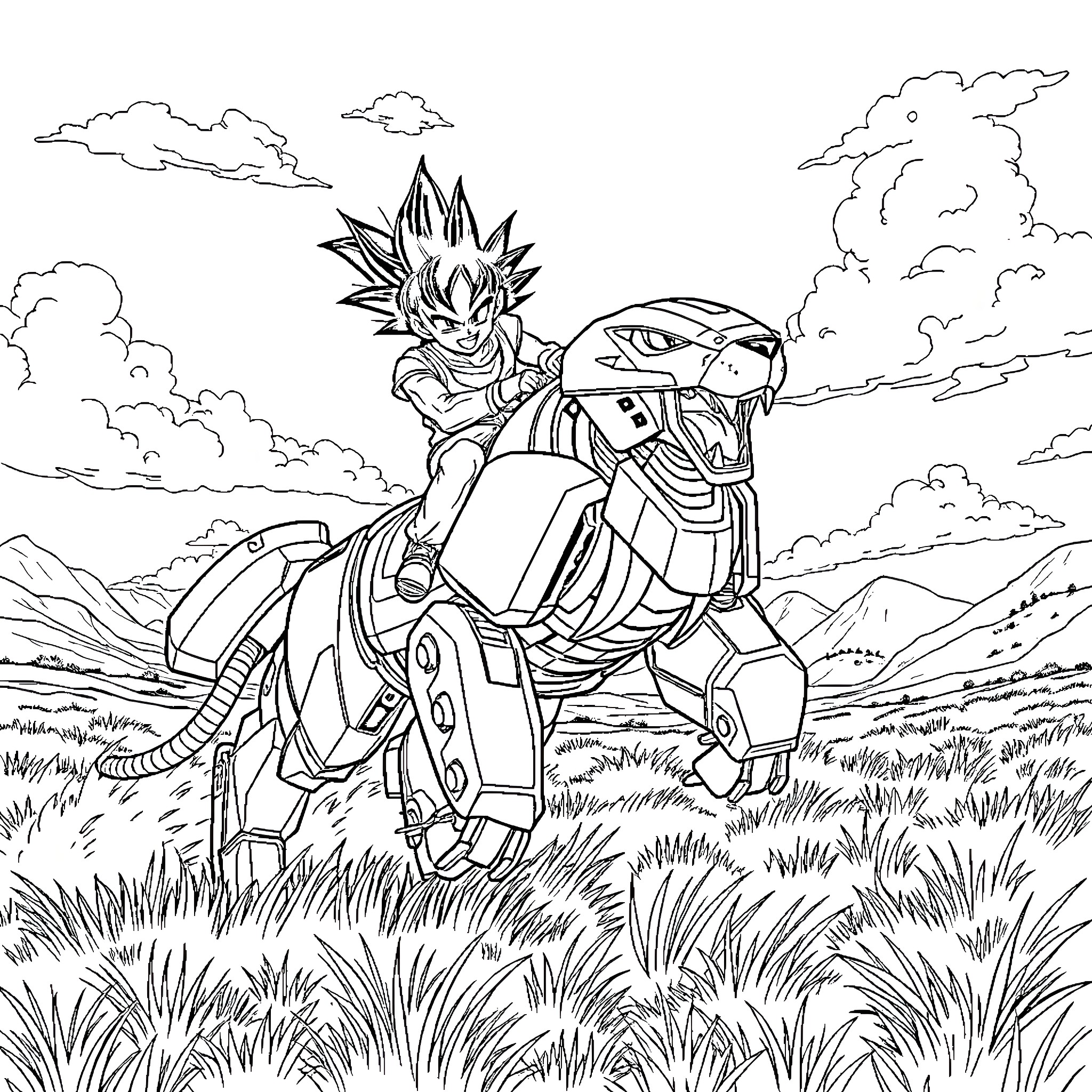 Gohan riding a mech in a grassy field Coloring Page (free black-and-white line drawing printable PDF for all, from beginners to advanced learners, including children, teens, adults, and seniors)