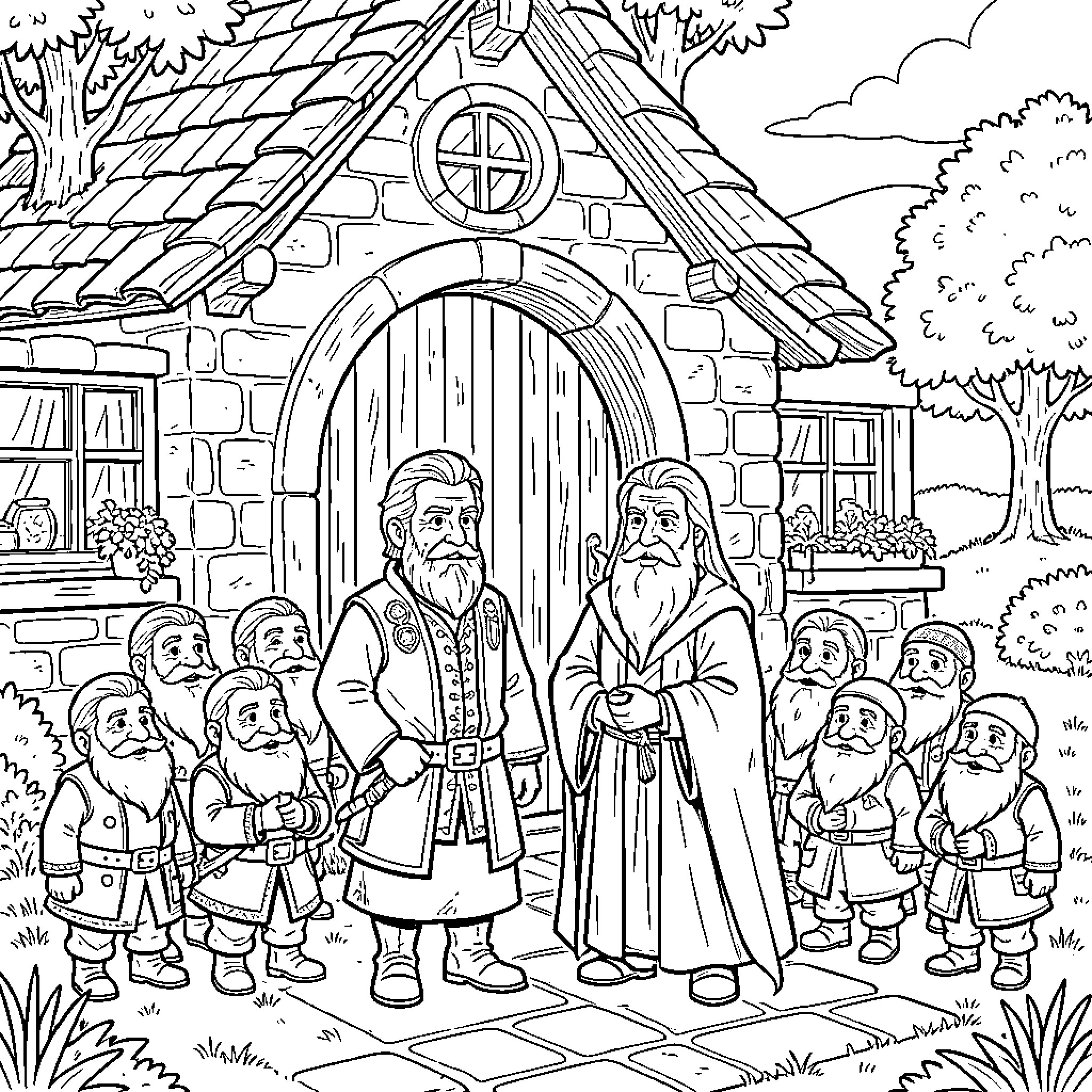 Hobbit characters standing together in front of a cottage Coloring Page (free black-and-white line drawing printable PDF for all, from beginners to advanced learners, including children, teens, adults, and seniors)