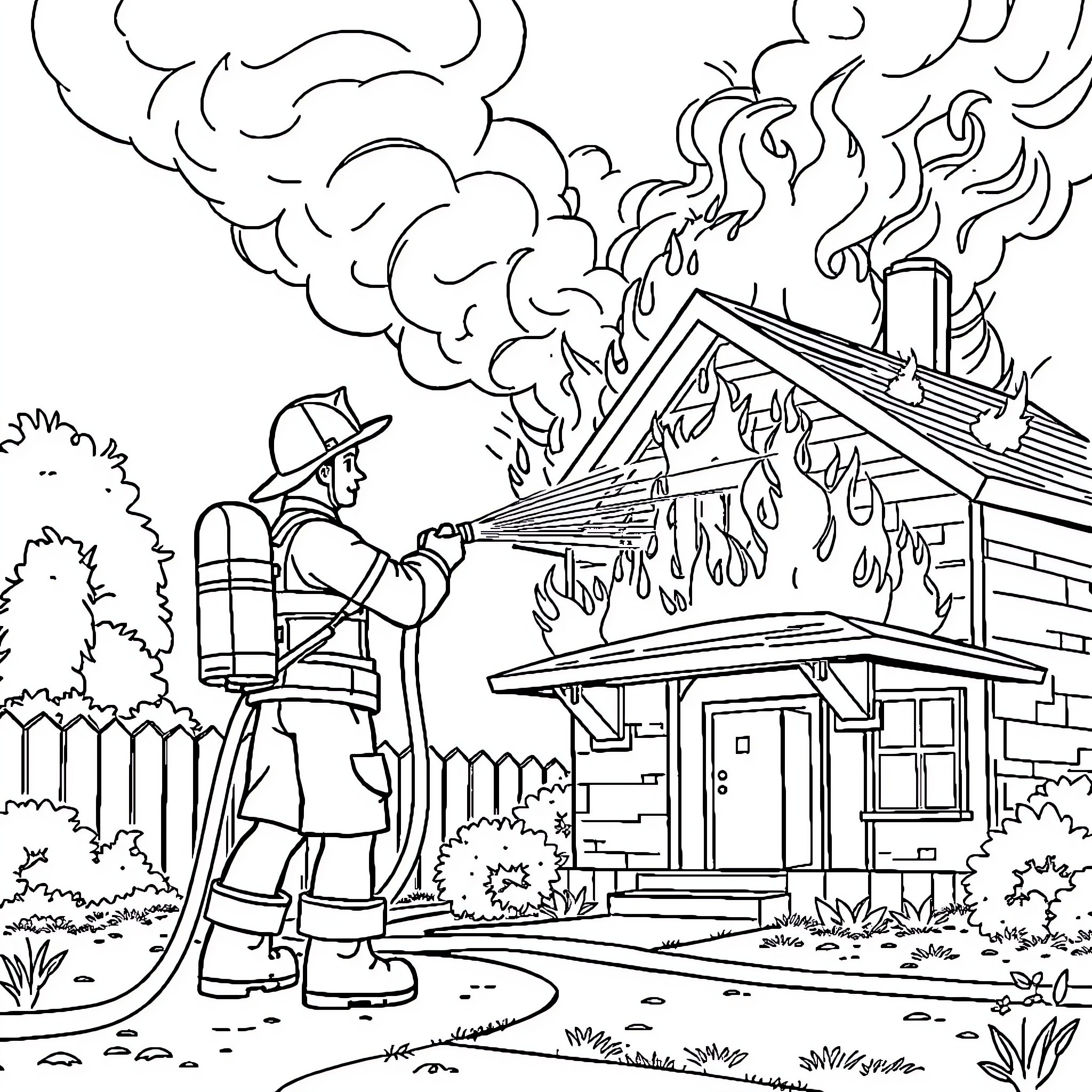 Firefighter heroically battles blaze at rural home Coloring Page (free black-and-white line drawing printable PDF for all, from beginners to advanced learners, including children, teens, adults, and seniors)