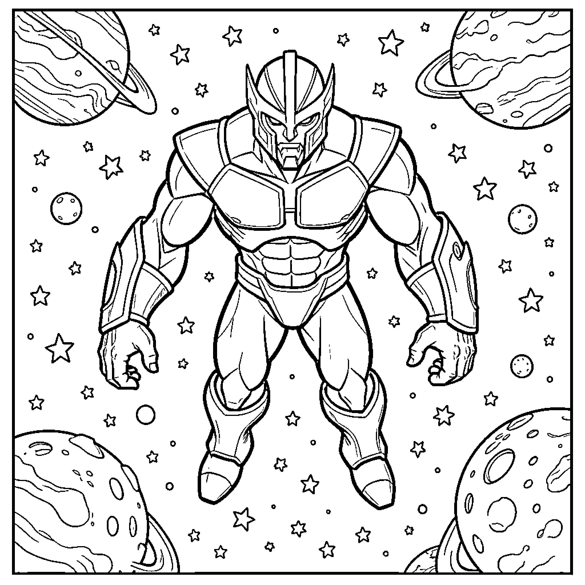 Galactus floating majestically amidst planets and stars Coloring Page (free black-and-white line drawing printable PDF for all, from beginners to advanced learners, including children, teens, adults, and seniors)